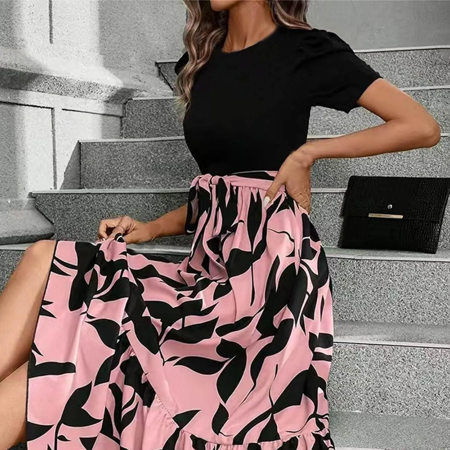Azeralia Women's Summer Casual Flutter Short Sleeve Crew Neck Smocked Elastic Waist Tiered Midi Dress Elegant Beach Dress