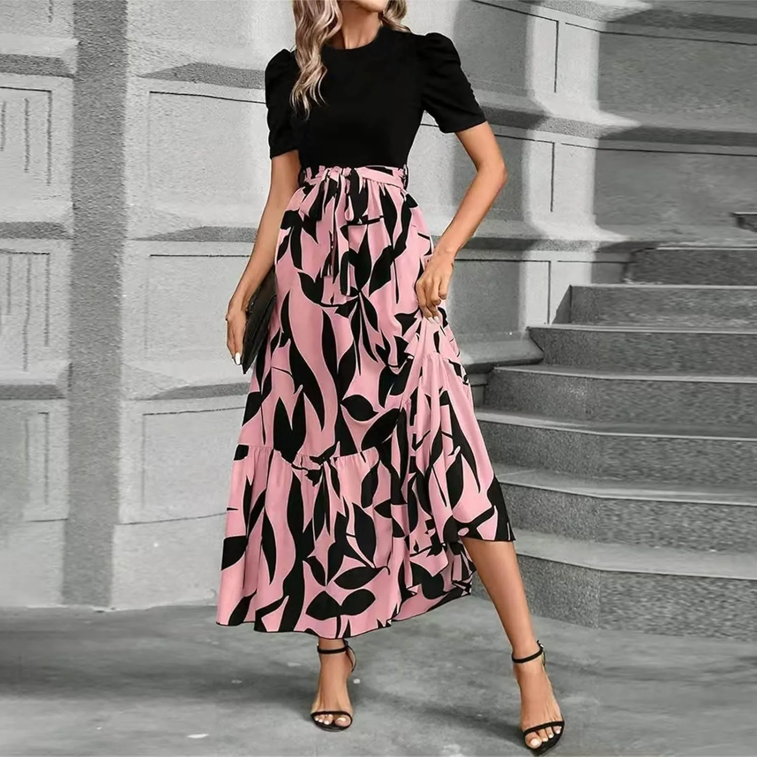 Azeralia Women's Summer Casual Flutter Short Sleeve Crew Neck Smocked Elastic Waist Tiered Midi Dress Elegant Beach Dress