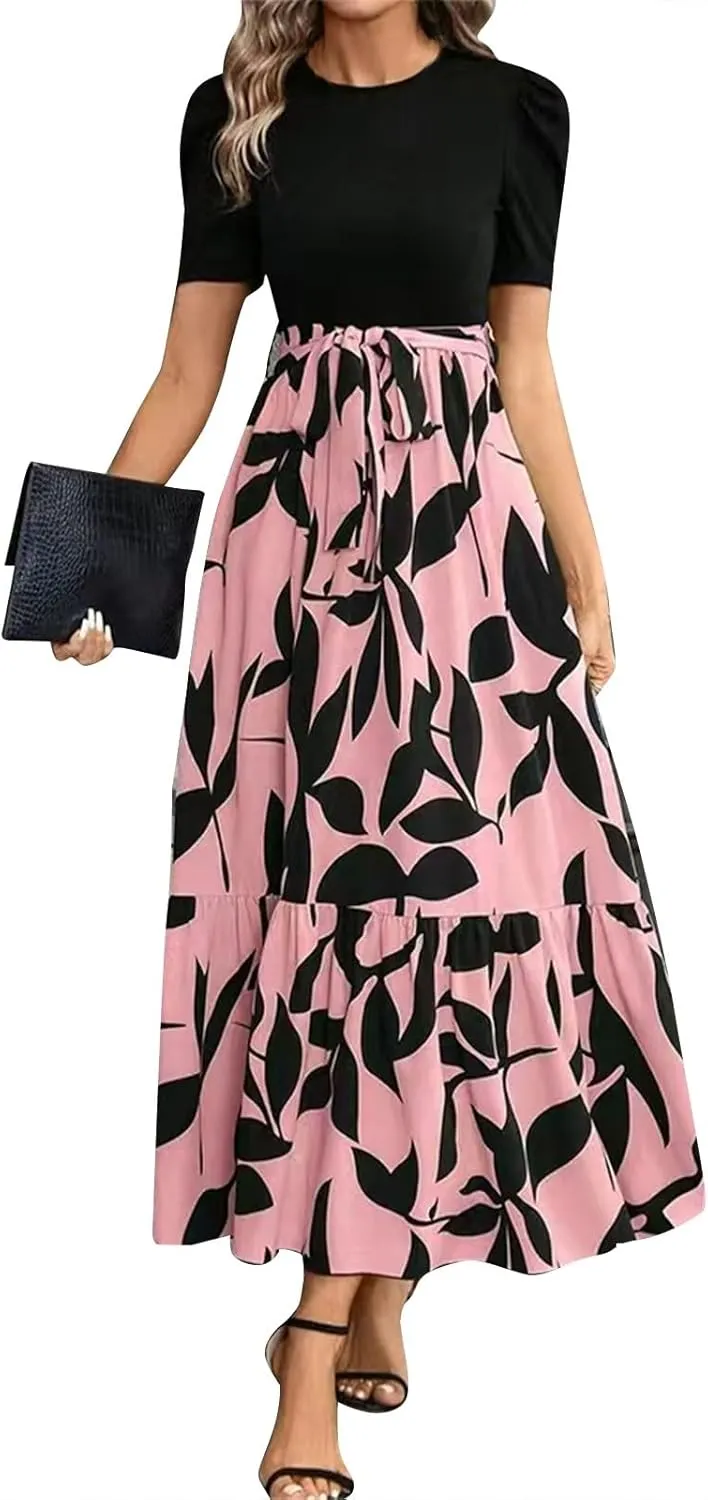 Azeralia Women's Summer Casual Flutter Short Sleeve Crew Neck Smocked Elastic Waist Tiered Midi Dress Elegant Beach Dress