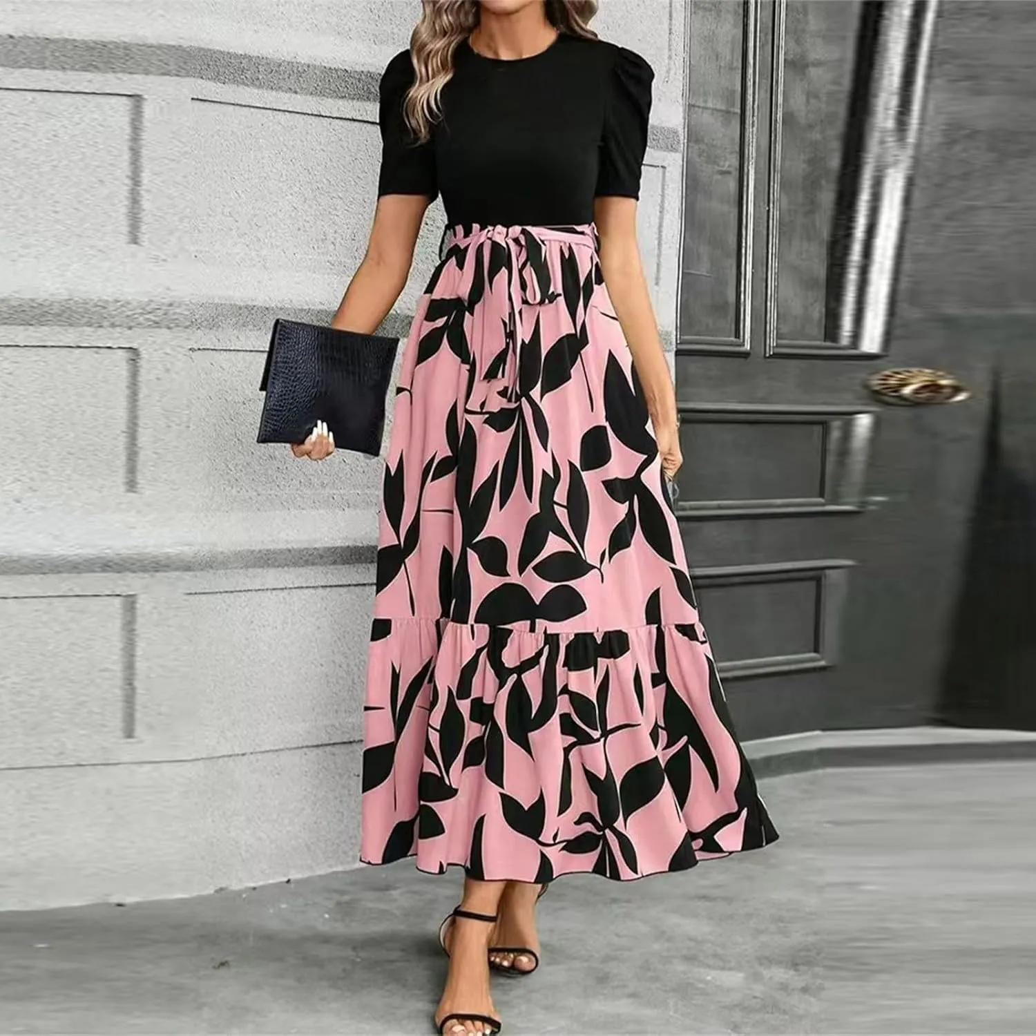 Azeralia Women's Summer Casual Flutter Short Sleeve Crew Neck Smocked Elastic Waist Tiered Midi Dress Elegant Beach Dress