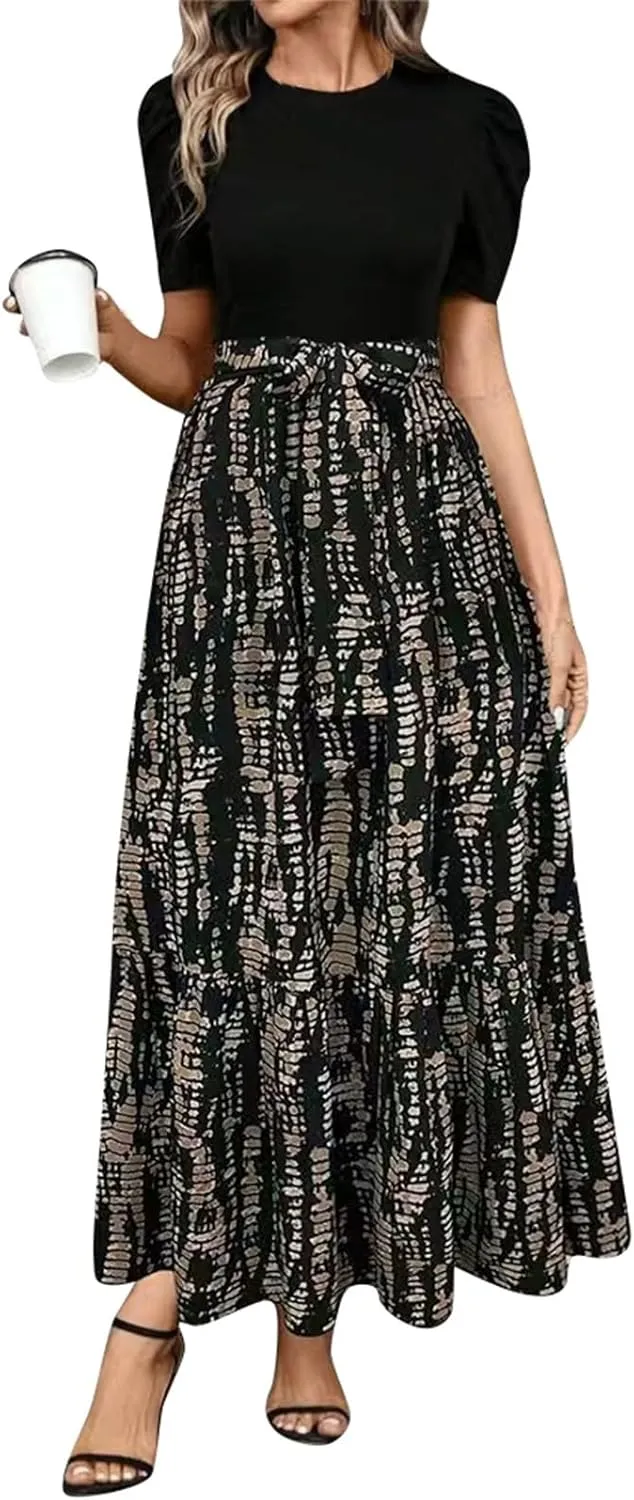 Azeralia Women's Summer Casual Flutter Short Sleeve Crew Neck Smocked Elastic Waist Tiered Midi Dress Elegant Beach Dress