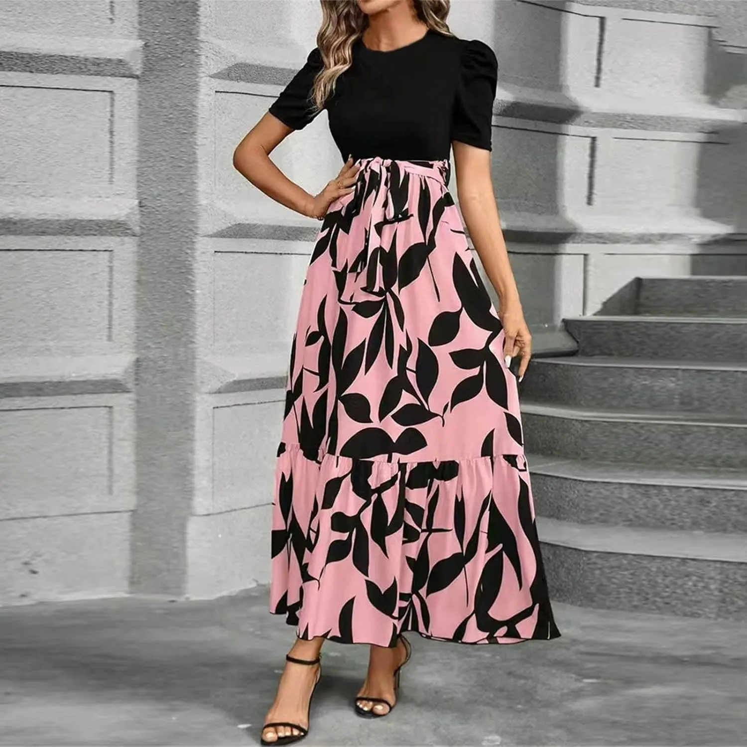 Azeralia Women's Summer Casual Flutter Short Sleeve Crew Neck Smocked Elastic Waist Tiered Midi Dress Elegant Beach Dress