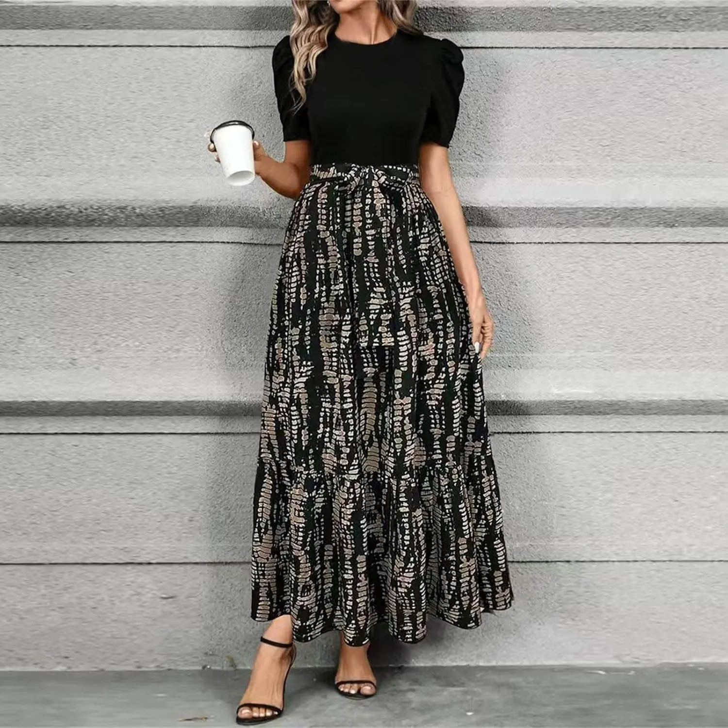 Azeralia Women's Summer Casual Flutter Short Sleeve Crew Neck Smocked Elastic Waist Tiered Midi Dress Elegant Beach Dress