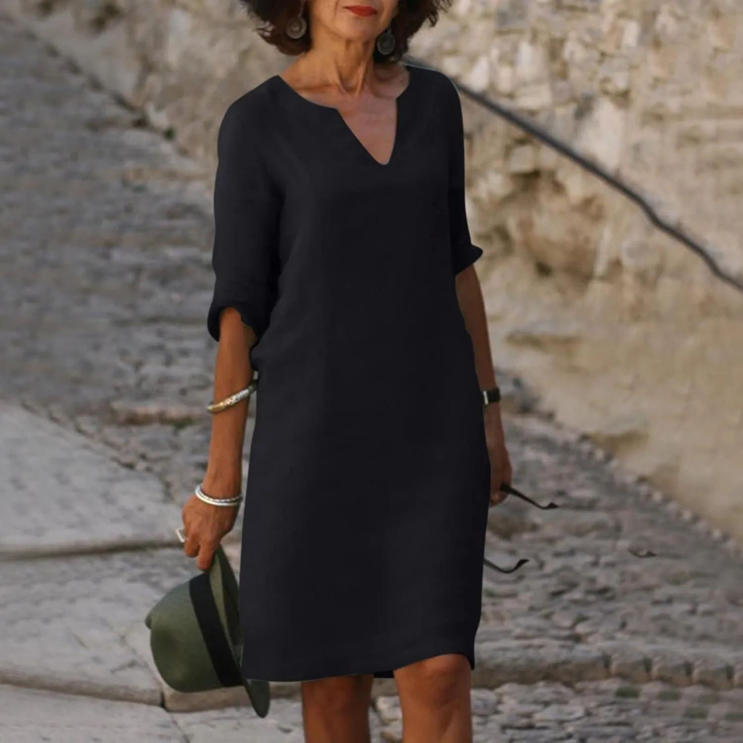 BAXLIMEK Cotton Linen Dresses for Women,2025 Summer Trendy Elegant Plain Beach Dress,Casual 3/4 Sleeve Midi Dress