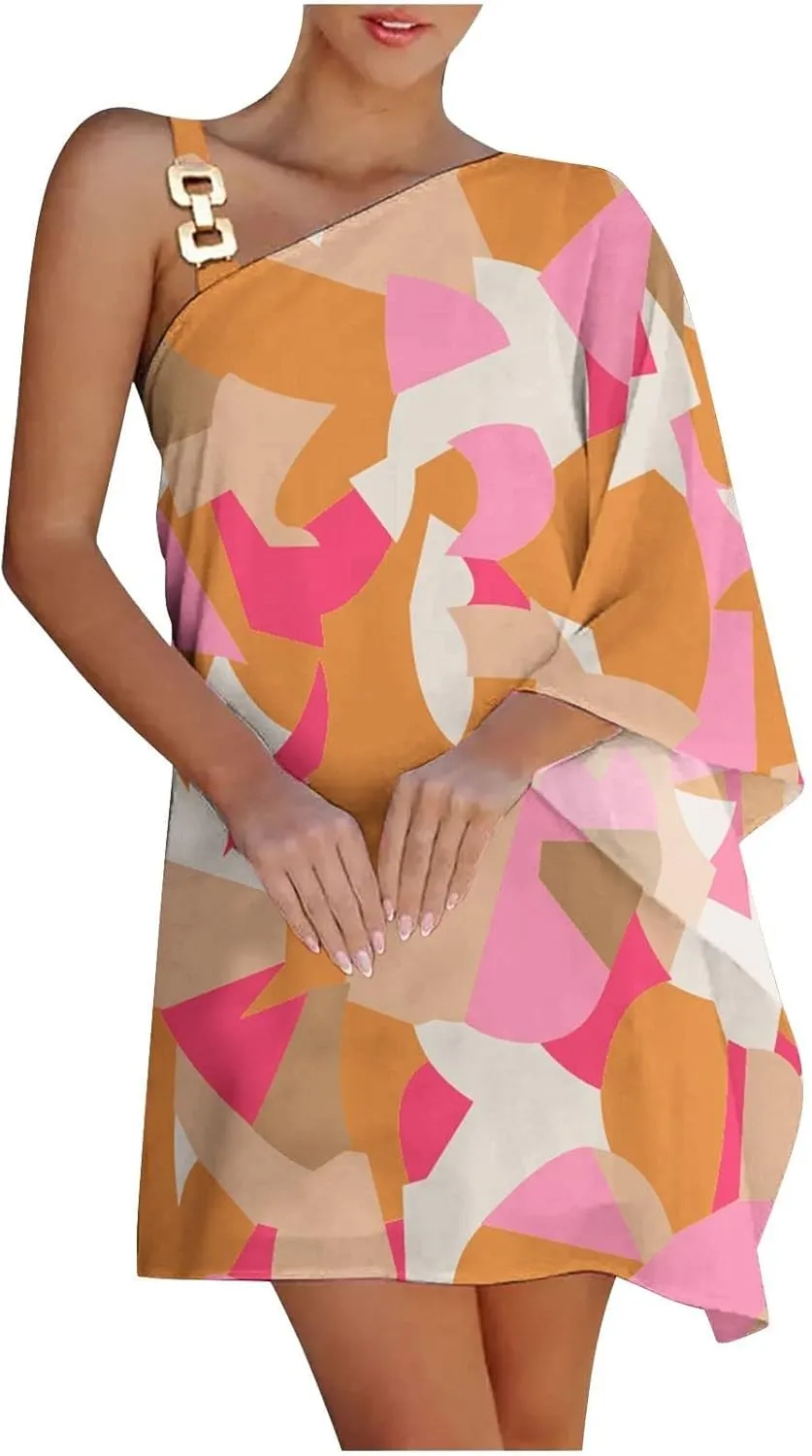 BAXLIMEK One Shoulder Dresses for Women 2025 Elegant Trendy Batwing Sleeve Club Party Dress Fashion Mini Wedding Guest Dress