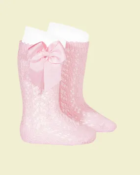 COTTON OPENWORK KNEE-HIGH SOCKS WITH BOW PINK