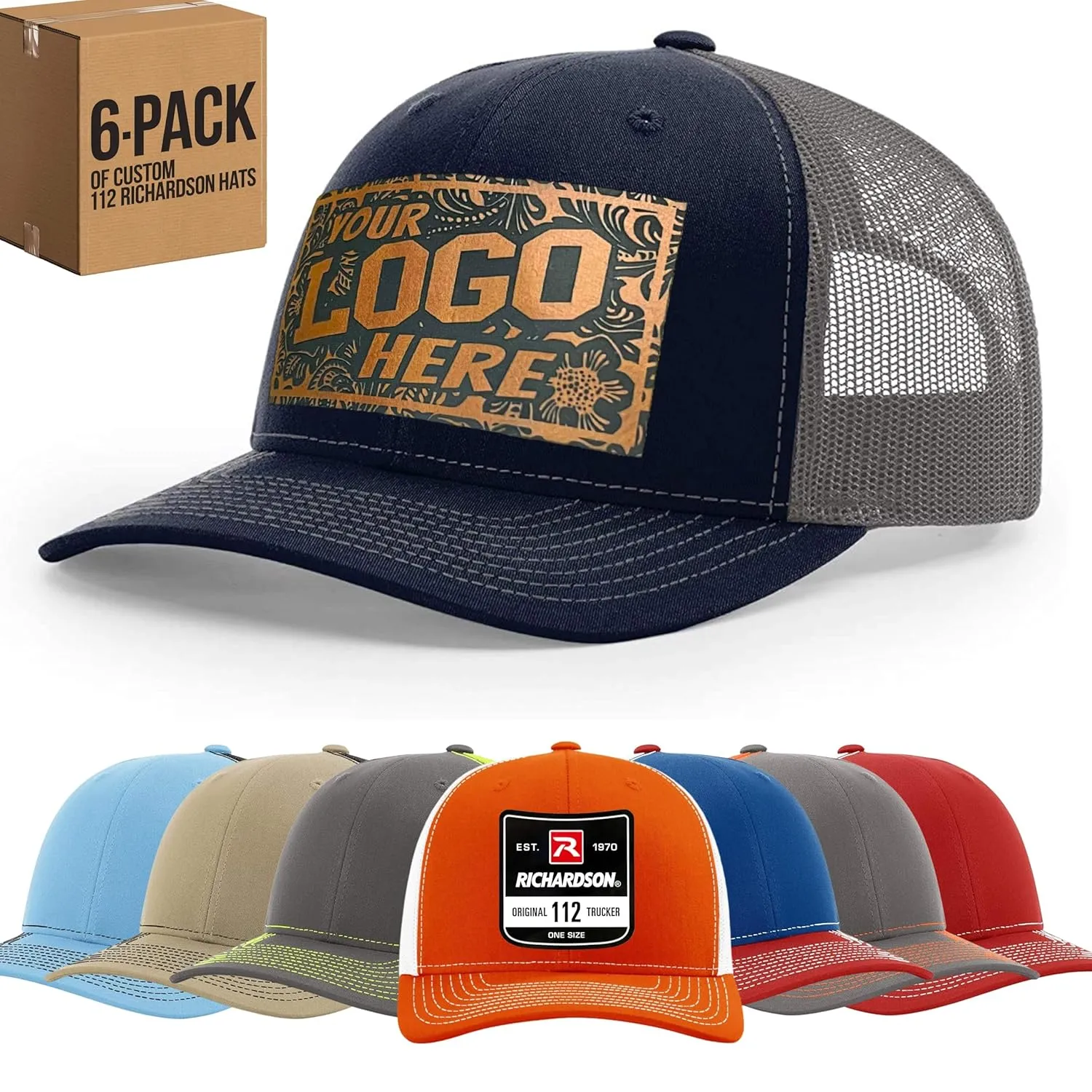Custom Leather Patch Richardson 112 Trucker Hat for Men & Women - 6 Panel Structured Baseball Cap with Snapback Enclosure (6 - Pack, navy/charcoal)
