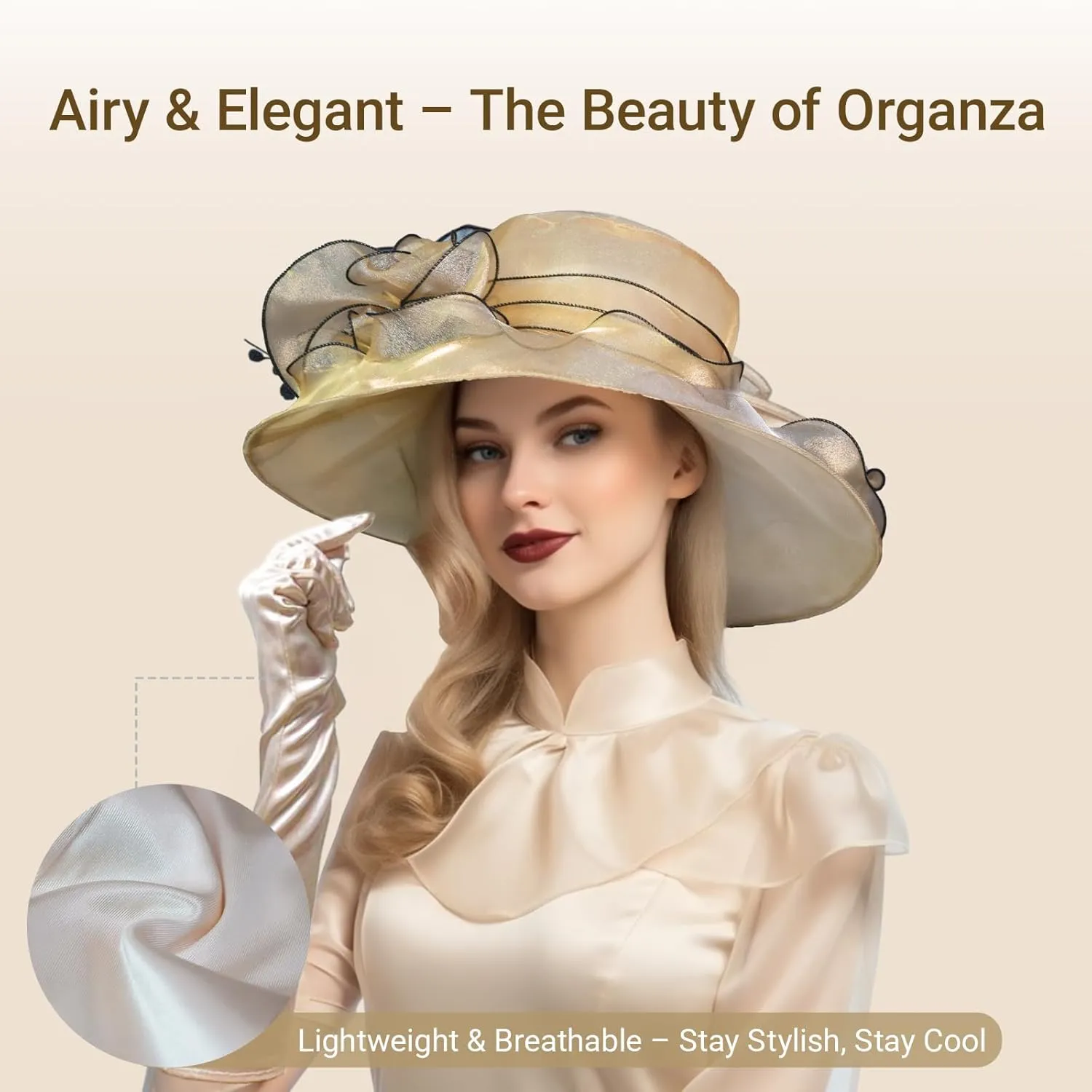 Derby Fascinator Hats for Women, Wide Brim Tea Party Organza Sun Hats for Wedding & Cocktail Party