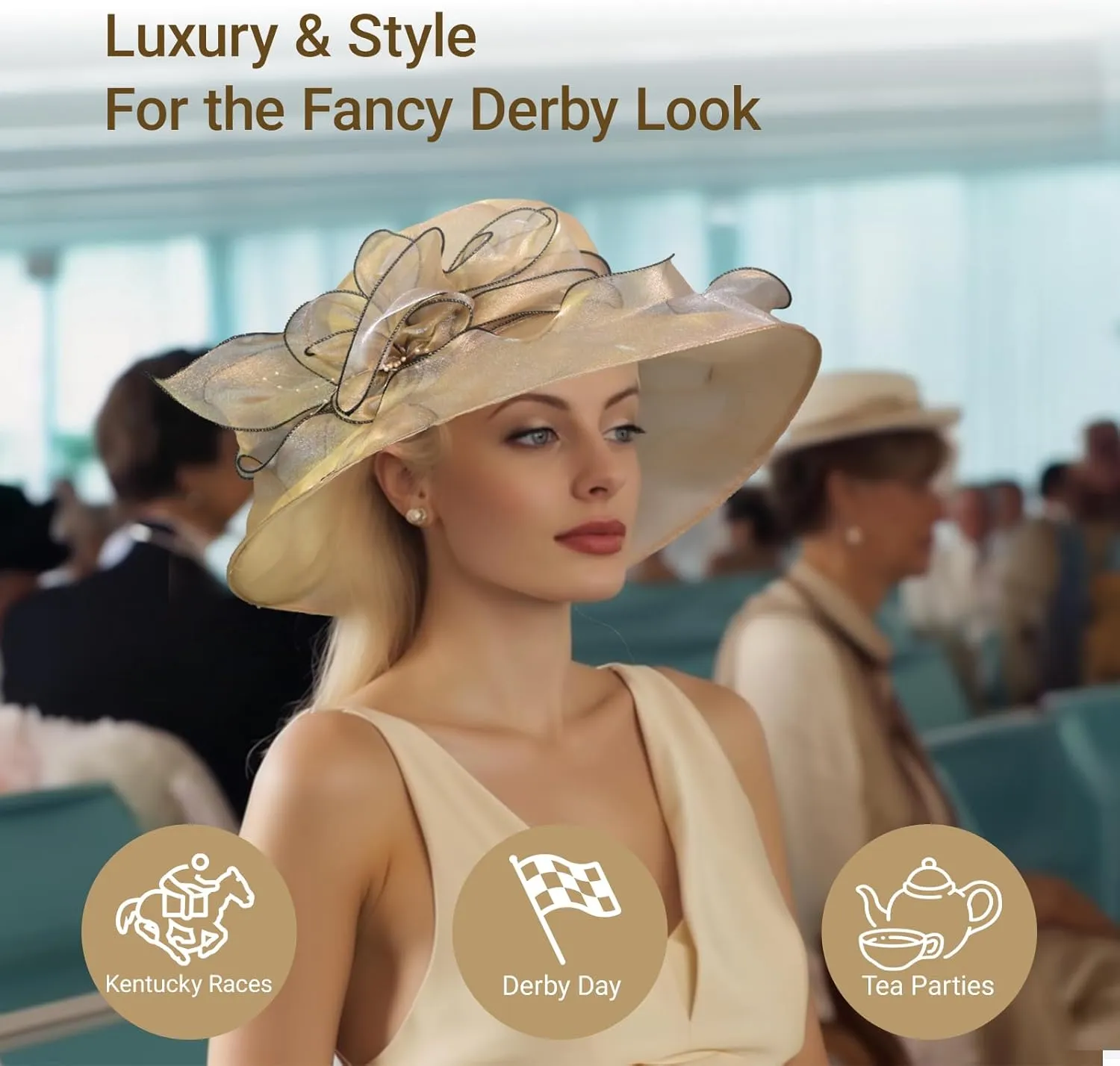 Derby Fascinator Hats for Women, Wide Brim Tea Party Organza Sun Hats for Wedding & Cocktail Party