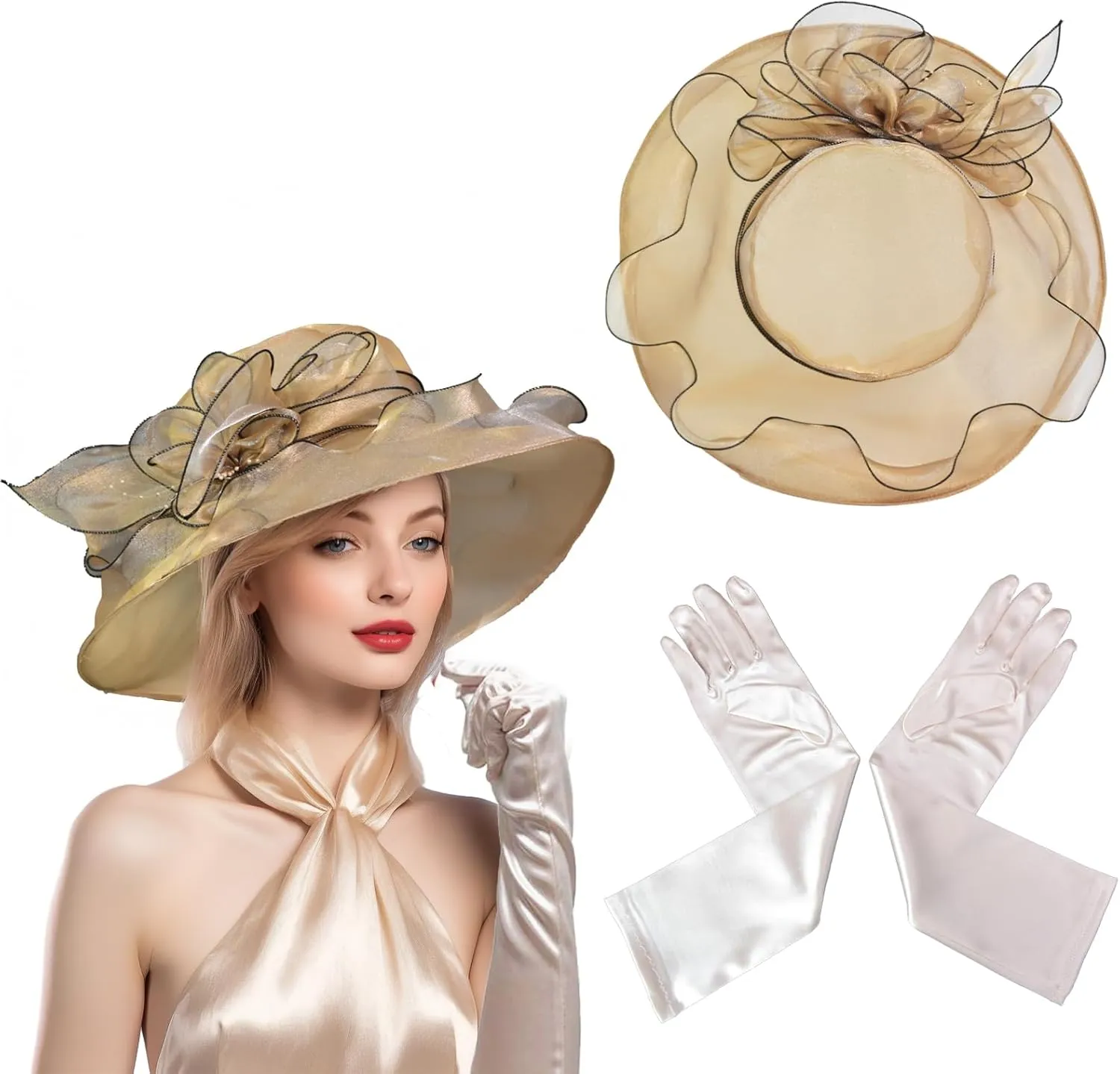 Derby Fascinator Hats for Women, Wide Brim Tea Party Organza Sun Hats for Wedding & Cocktail Party