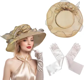 Derby Fascinator Hats for Women, Wide Brim Tea Party Organza Sun Hats for Wedding & Cocktail Party