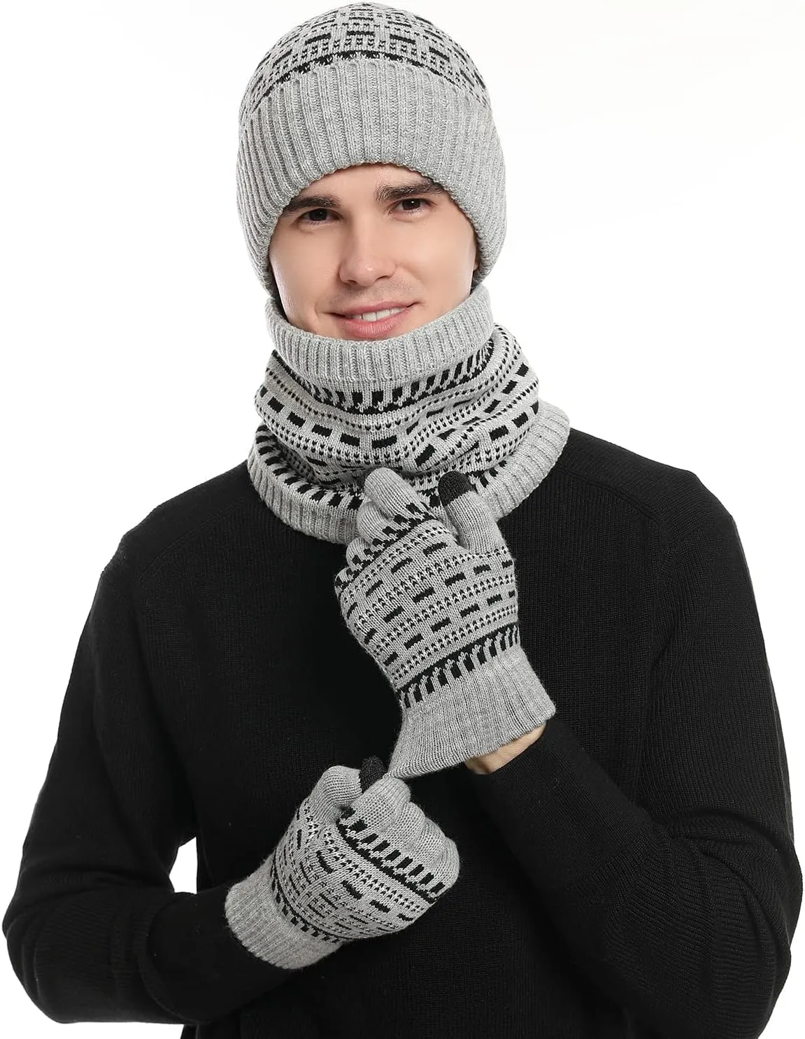 ecodudo Winter Beanie Hat Scarf Gloves Set for Men Beanie Neck Warmer and Touchscreen Gloves