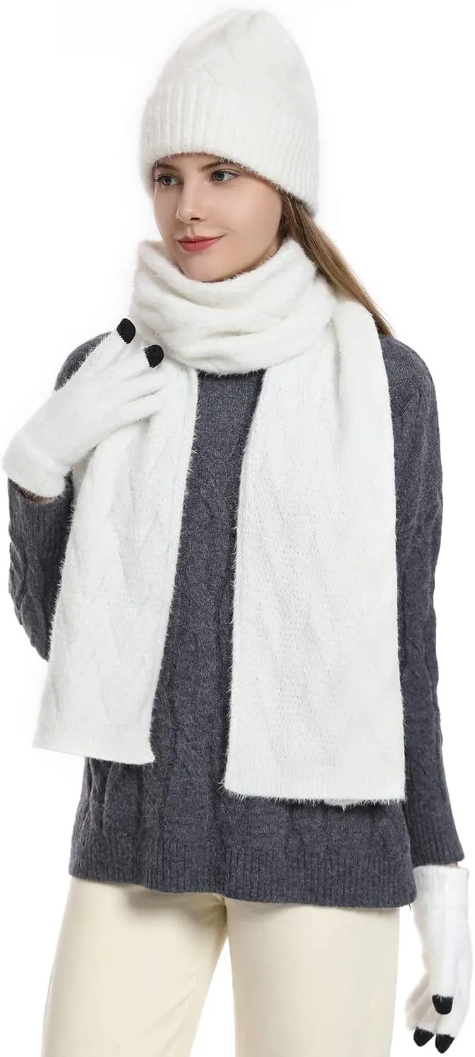 ecodudo Women Winter Beanie Hat Scarf Set Touch Screen Gloves Set with Pom for Women