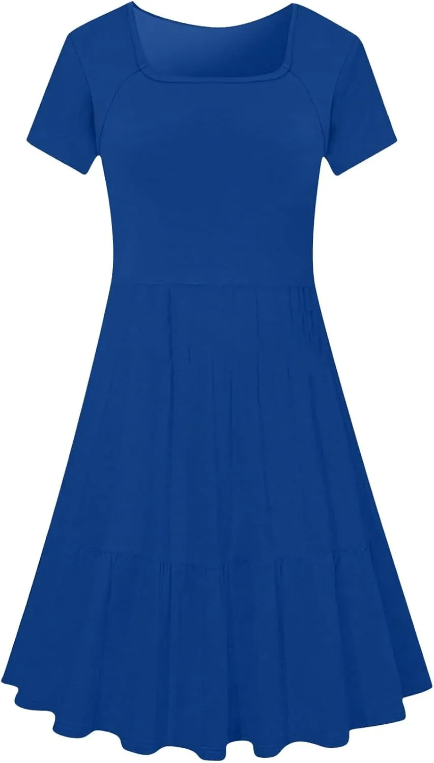 Elegant Square Neck A-Line Dresses Women Summer Casual Short Sleeve Midi Dress Flowy Ruffle Soft Comfy Swing Dress