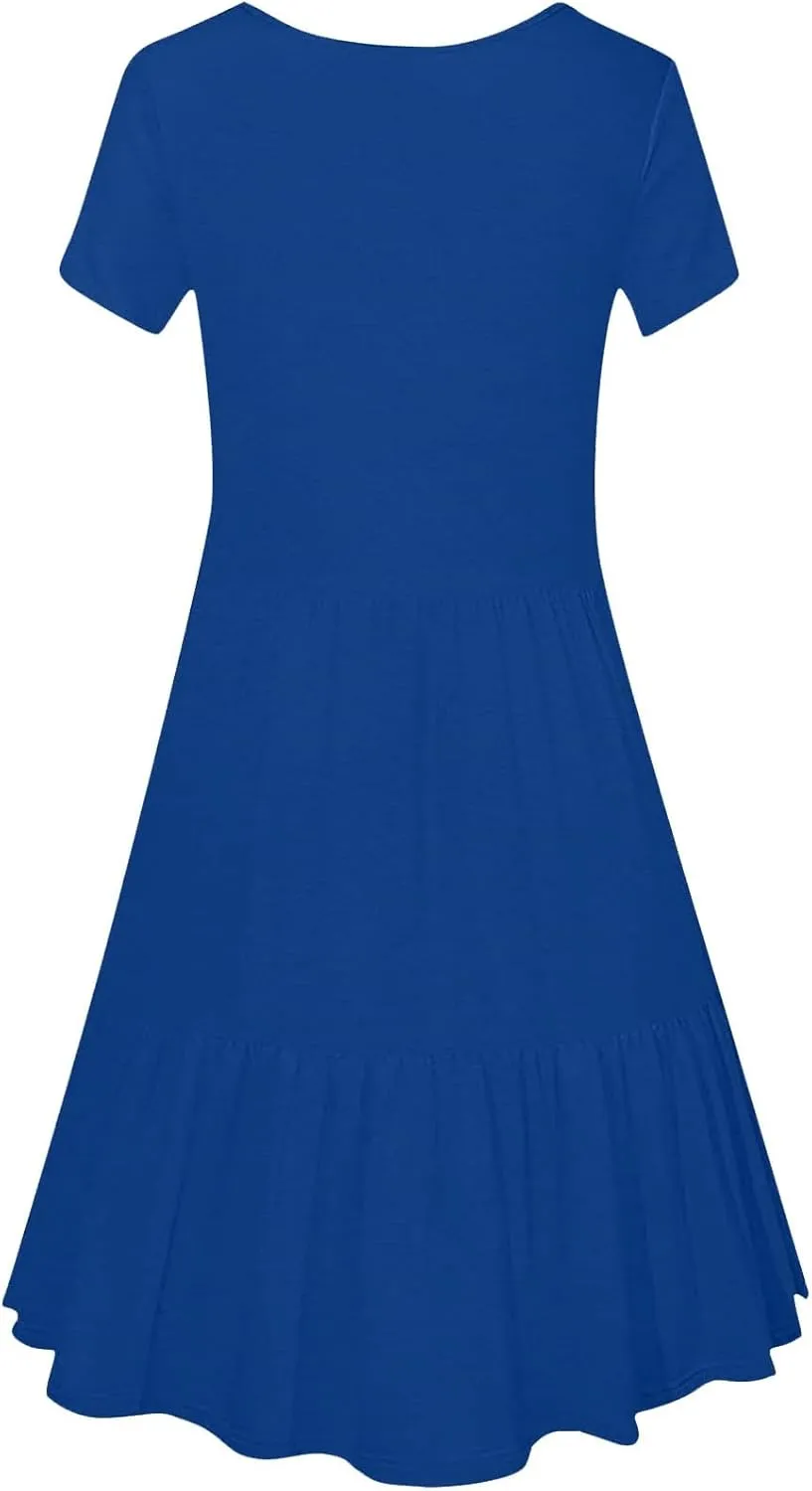 Elegant Square Neck A-Line Dresses Women Summer Casual Short Sleeve Midi Dress Flowy Ruffle Soft Comfy Swing Dress