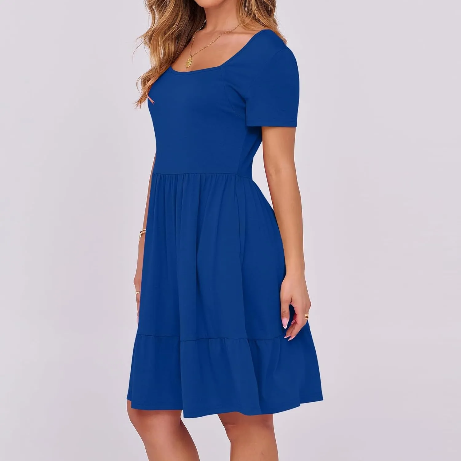 Elegant Square Neck A-Line Dresses Women Summer Casual Short Sleeve Midi Dress Flowy Ruffle Soft Comfy Swing Dress