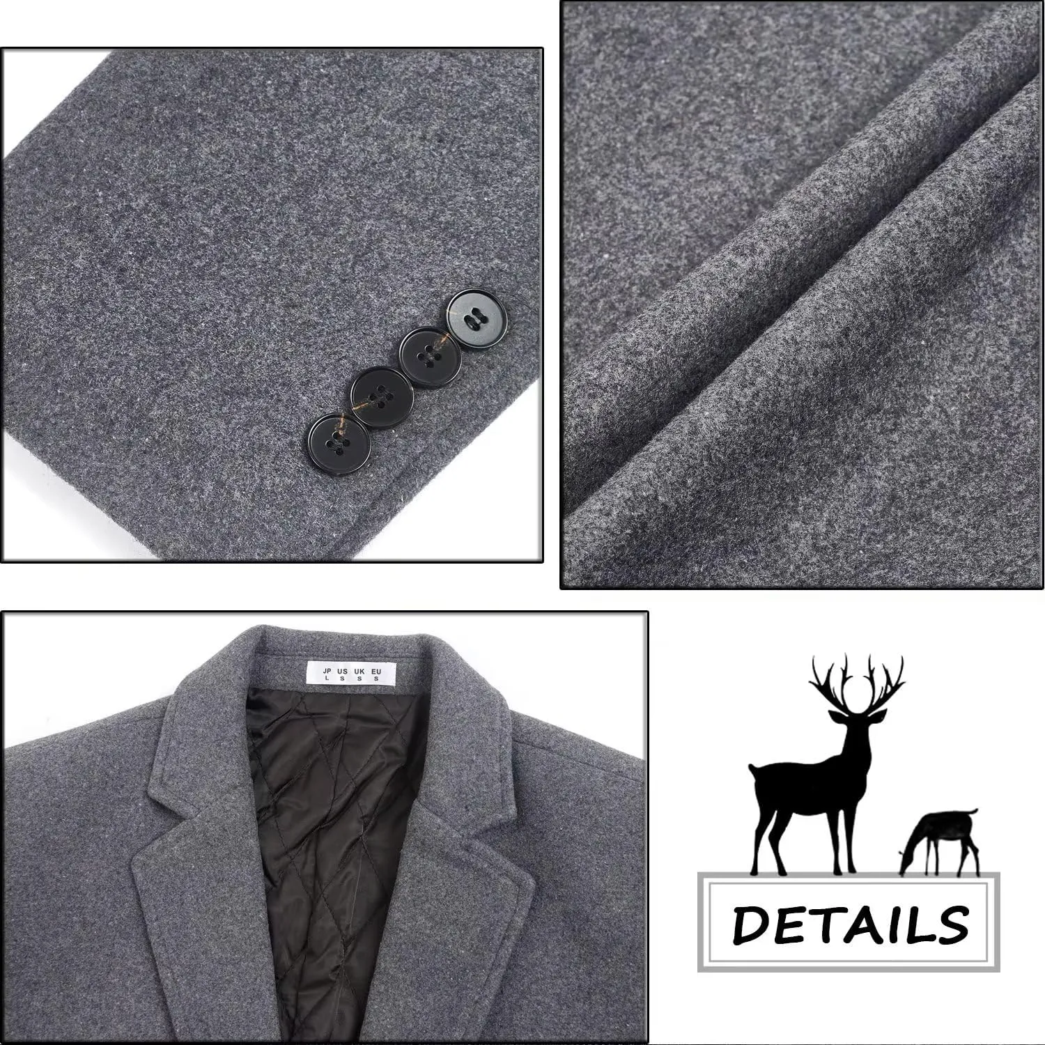 ELETOP Men's Trench Coat Long Wool Coat Winter Classic Overcoat Top Pea Coat