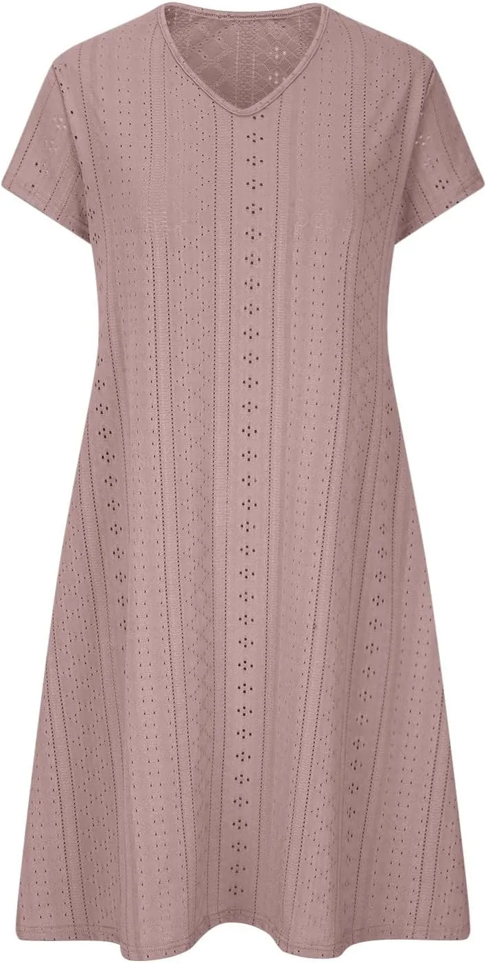 FZYLQY Women's Short Sleeve T Shirt Dresses Casual Cotton Linen Knee-Length Sundress V Neck 2024 Summer Beach Mini Dress