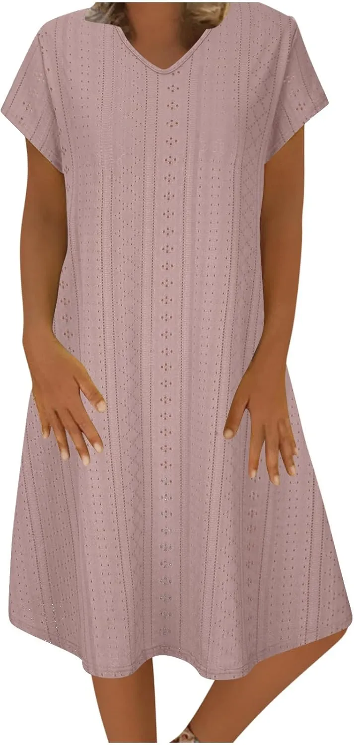 FZYLQY Women's Short Sleeve T Shirt Dresses Casual Cotton Linen Knee-Length Sundress V Neck 2024 Summer Beach Mini Dress