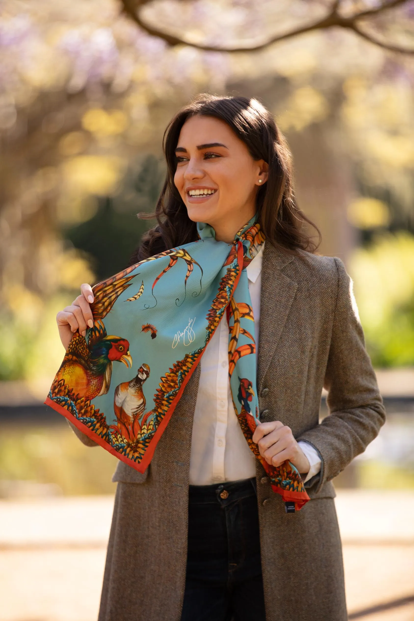 Heads or Tails Duck Egg Blue and Rust Classic Pure Silk Scarf