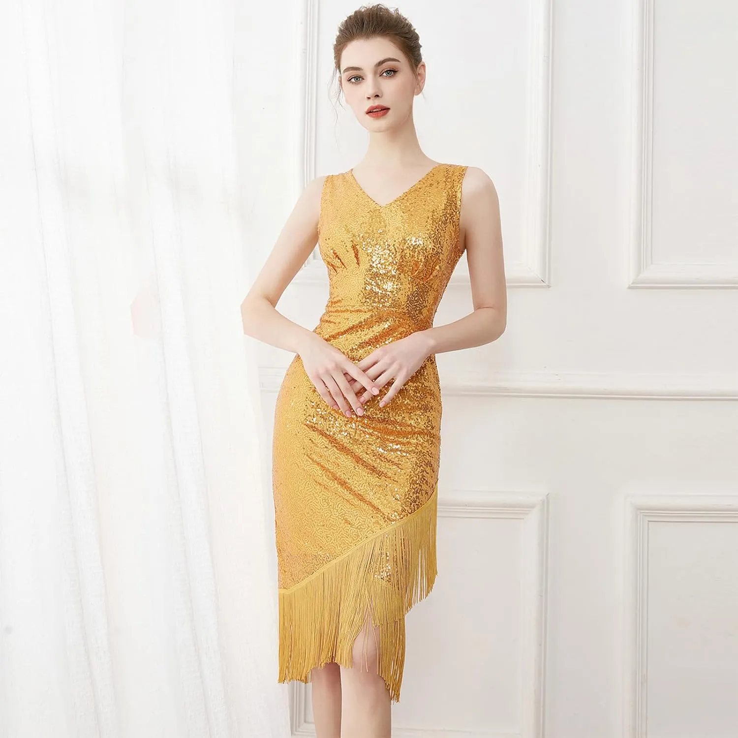 IDOPIP Women's Flapper Dress Vintage 1950s Gatsby Party Sequin Fringe Bodycon Dresses Sexy Cocktail Formal Wedding Dance Gown