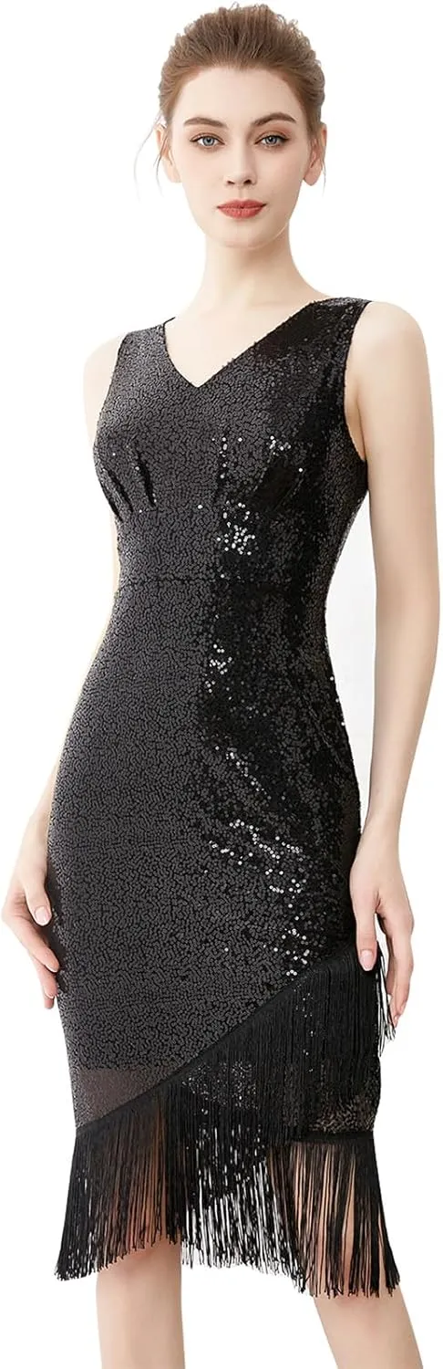 IDOPIP Women's Flapper Dress Vintage 1950s Gatsby Party Sequin Fringe Bodycon Dresses Sexy Cocktail Formal Wedding Dance Gown