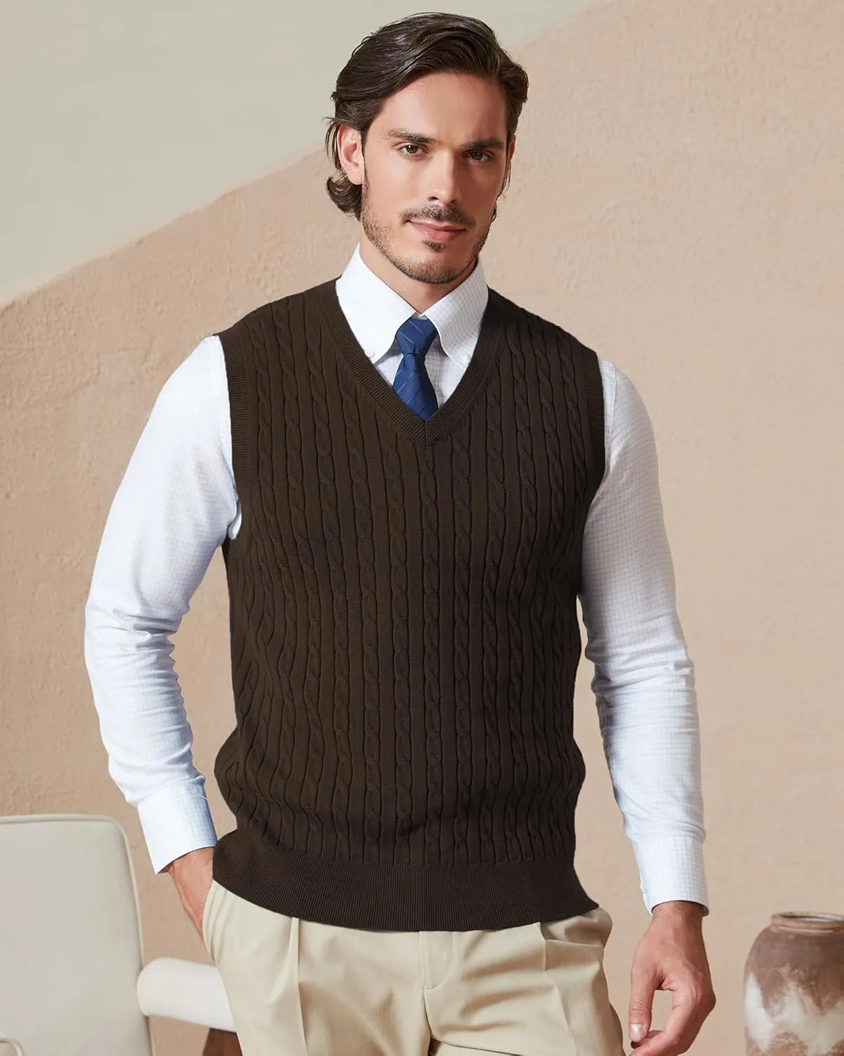 Kallspin Mens Cable Knit Sweater Vest Pure Cotton V-Neck Sleeveless Knitted Pullover for Fall Winter