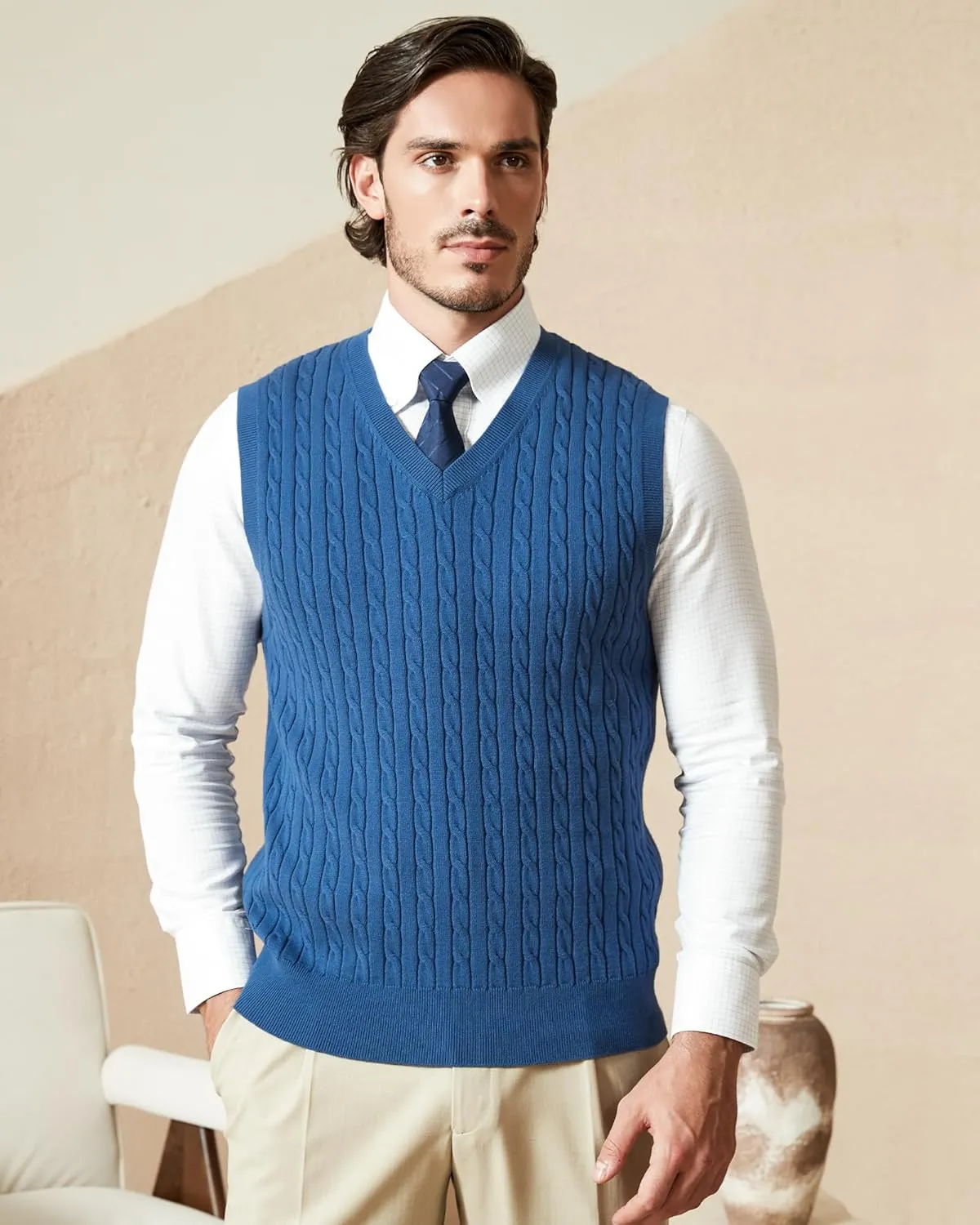 Kallspin Mens Cable Knit Sweater Vest Pure Cotton V-Neck Sleeveless Knitted Pullover for Fall Winter