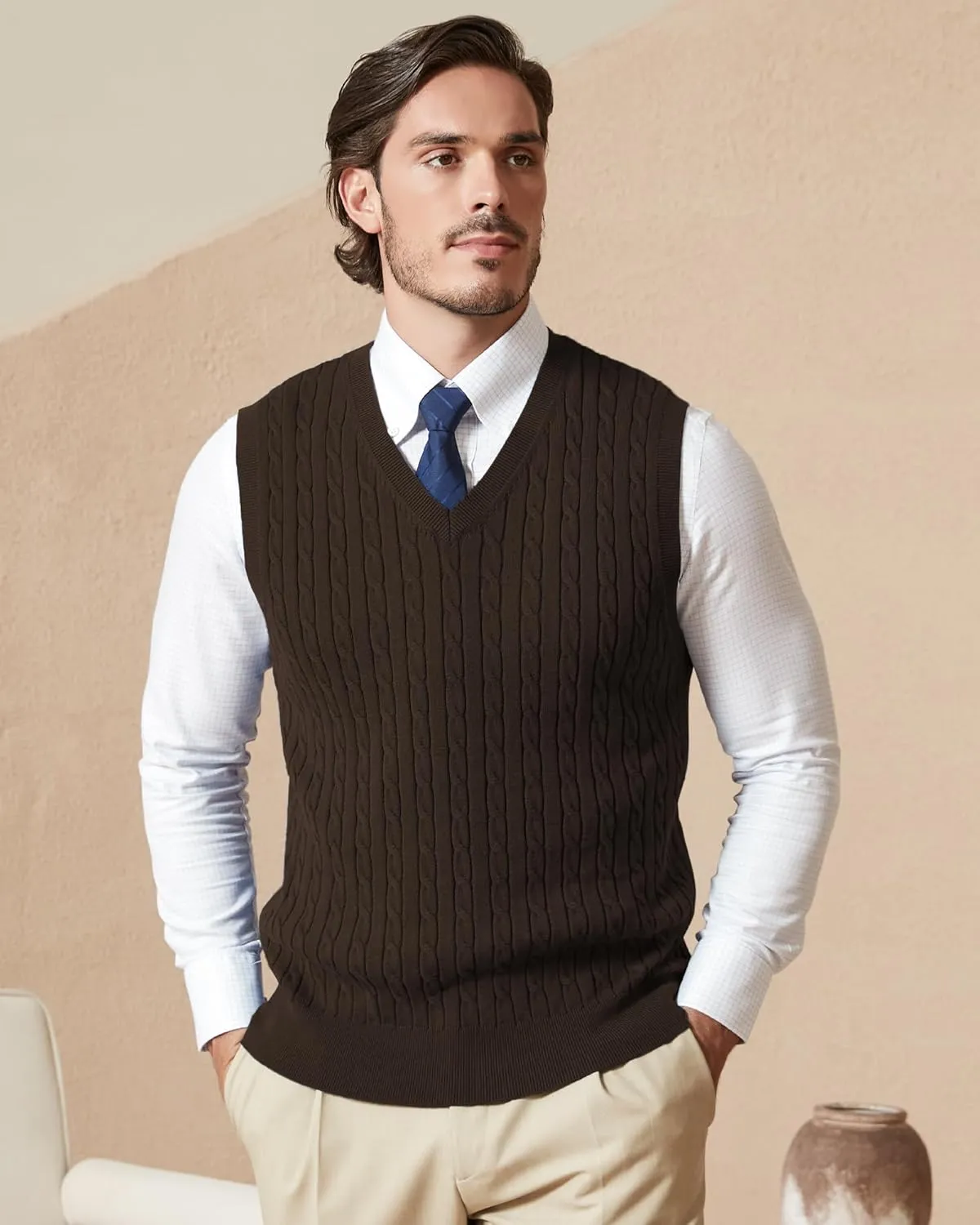 Kallspin Mens Cable Knit Sweater Vest Pure Cotton V-Neck Sleeveless Knitted Pullover for Fall Winter