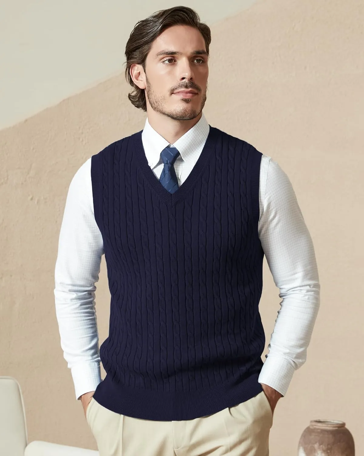 Kallspin Mens Cable Knit Sweater Vest Pure Cotton V-Neck Sleeveless Knitted Pullover for Fall Winter