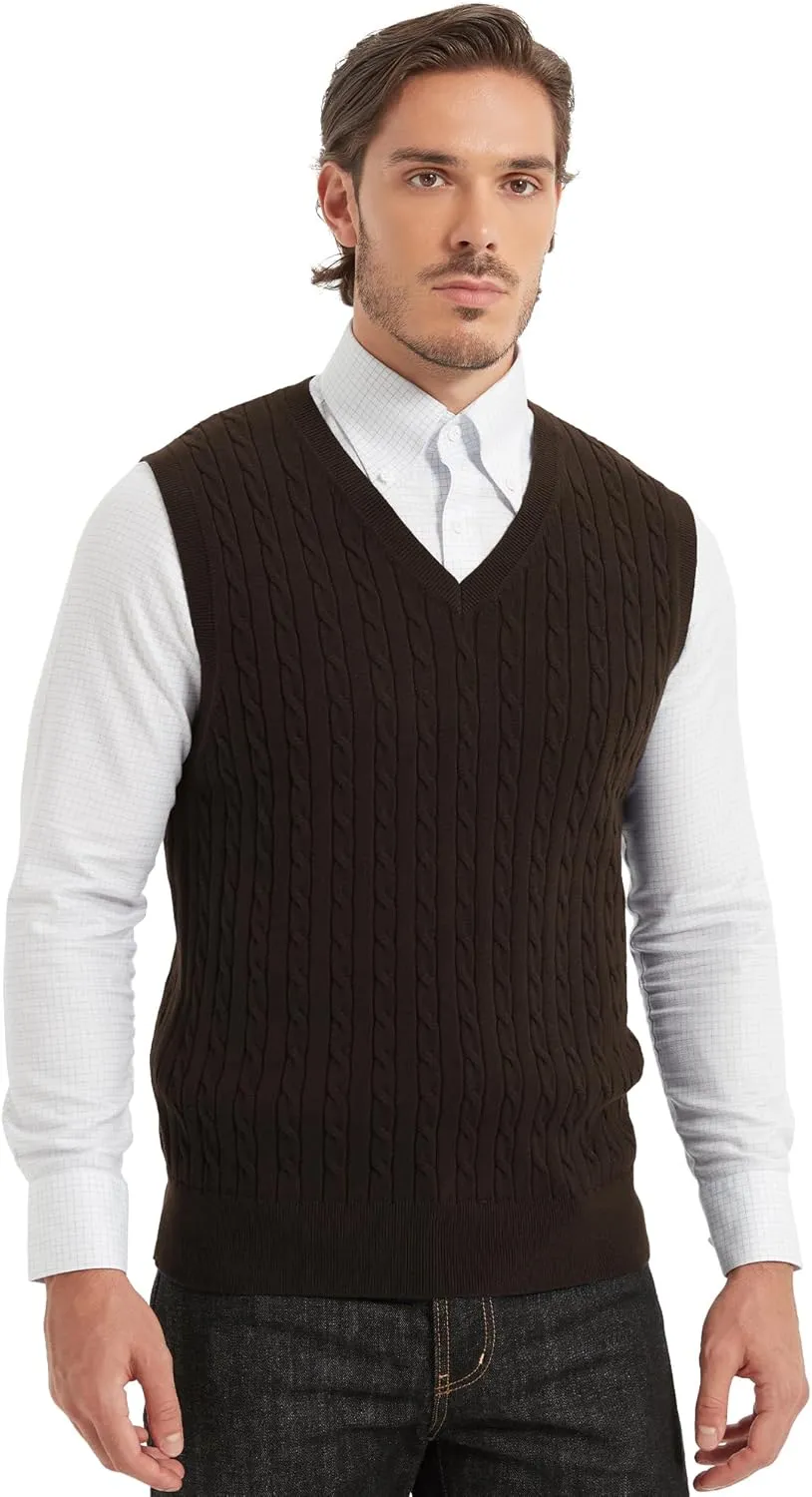 Kallspin Mens Cable Knit Sweater Vest Pure Cotton V-Neck Sleeveless Knitted Pullover for Fall Winter