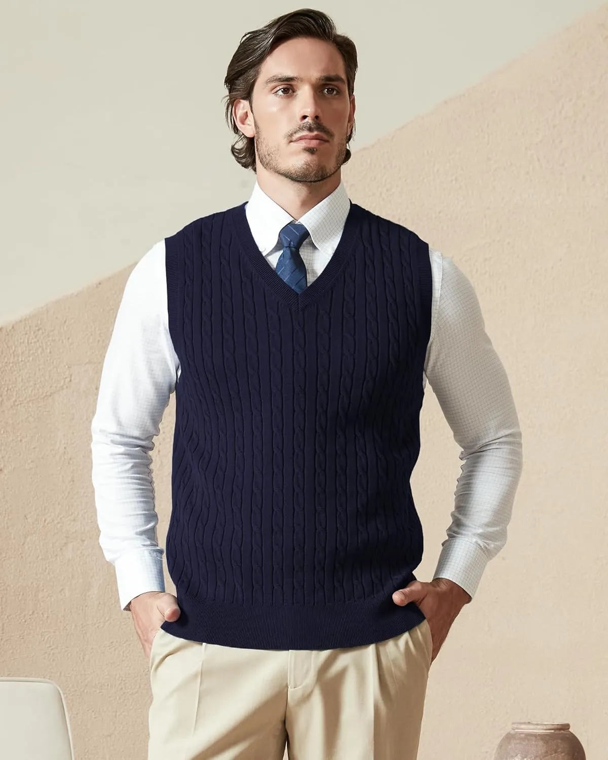 Kallspin Mens Cable Knit Sweater Vest Pure Cotton V-Neck Sleeveless Knitted Pullover for Fall Winter