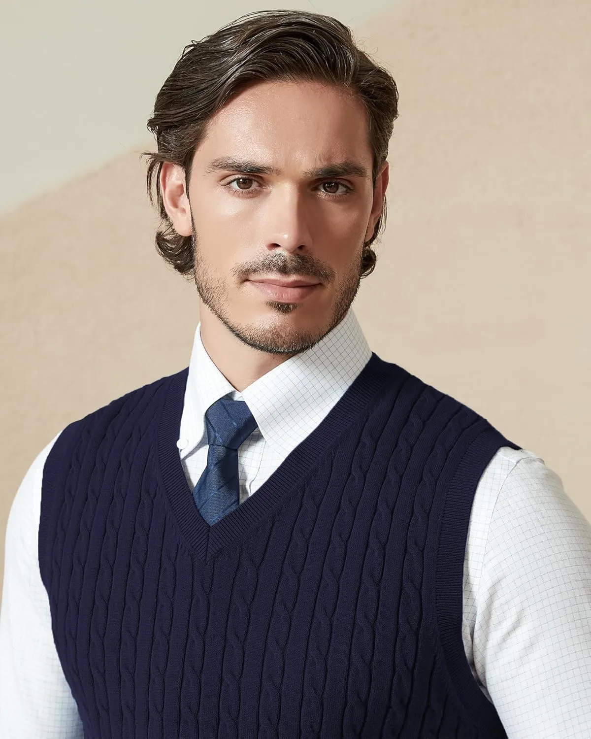 Kallspin Mens Cable Knit Sweater Vest Pure Cotton V-Neck Sleeveless Knitted Pullover for Fall Winter