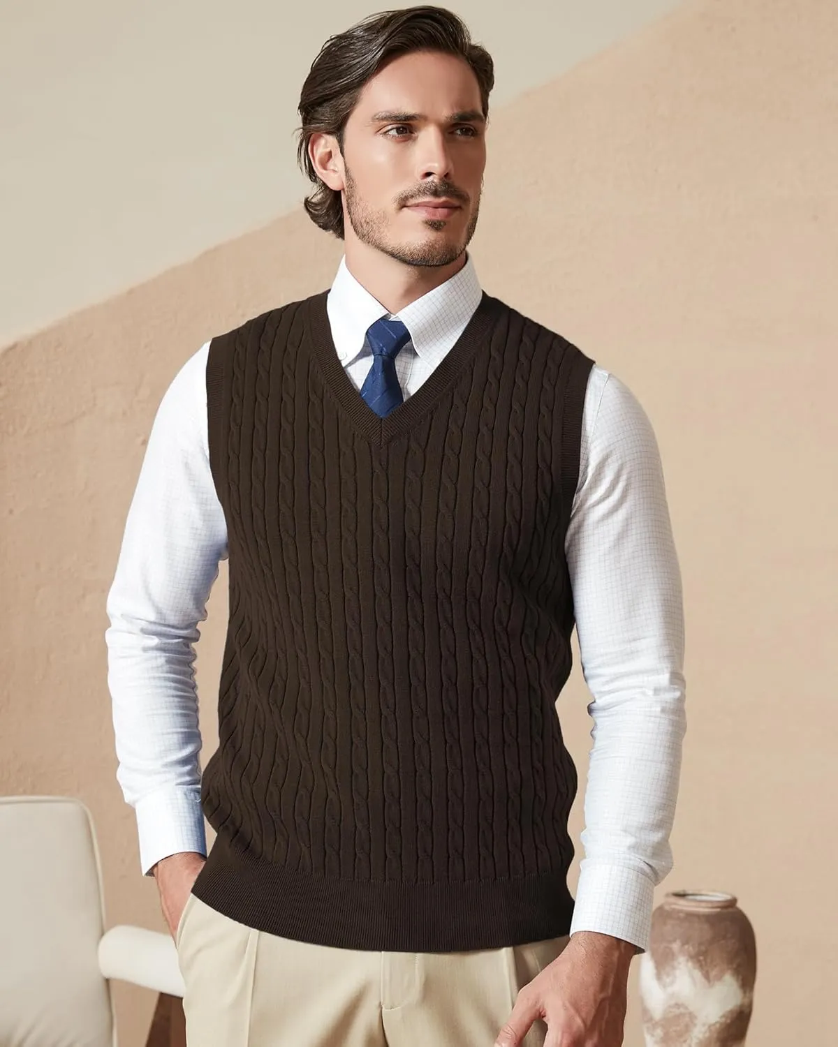 Kallspin Mens Cable Knit Sweater Vest Pure Cotton V-Neck Sleeveless Knitted Pullover for Fall Winter