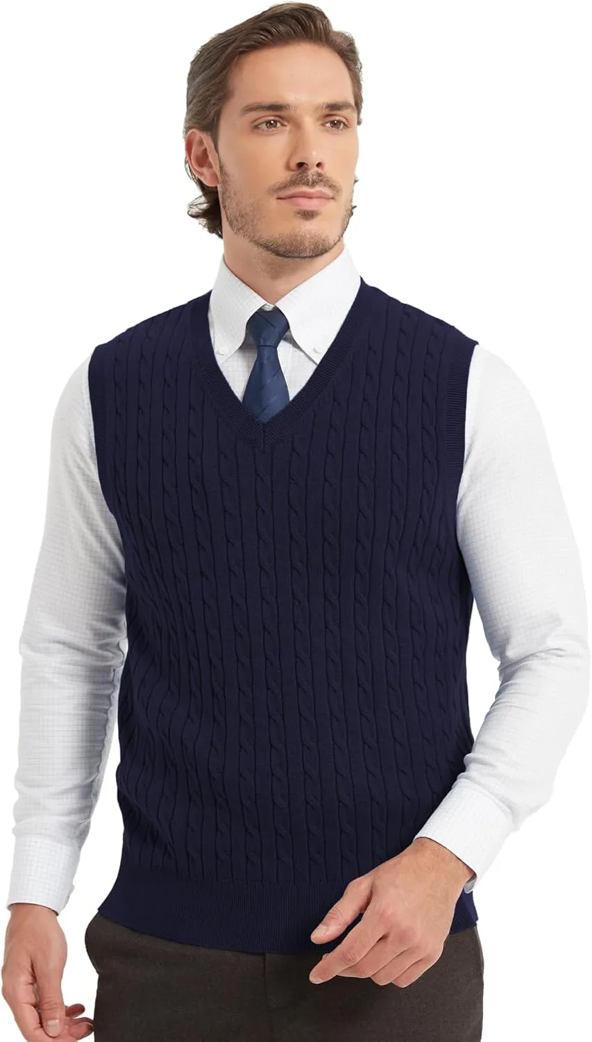 Kallspin Mens Cable Knit Sweater Vest Pure Cotton V-Neck Sleeveless Knitted Pullover for Fall Winter