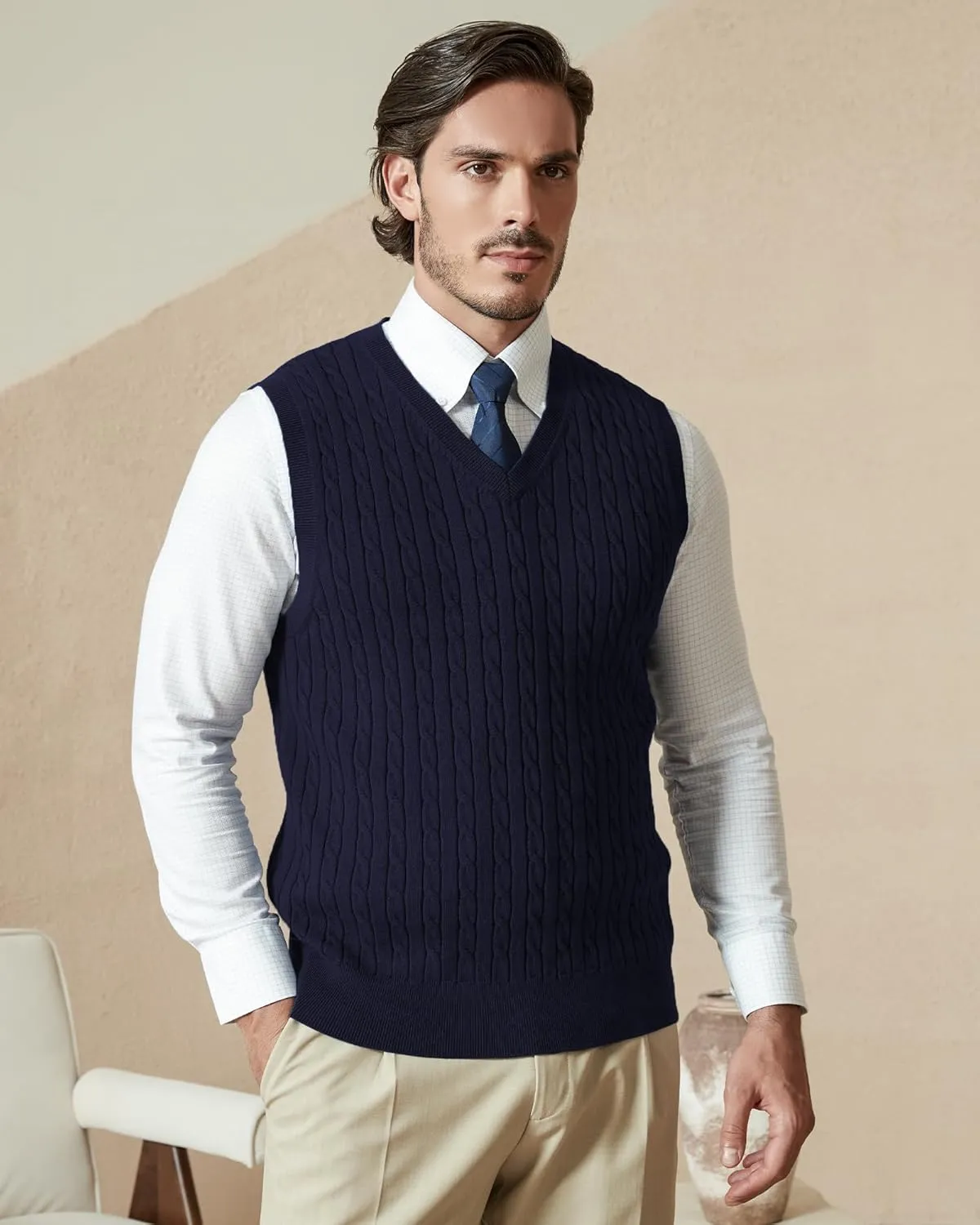 Kallspin Mens Cable Knit Sweater Vest Pure Cotton V-Neck Sleeveless Knitted Pullover for Fall Winter