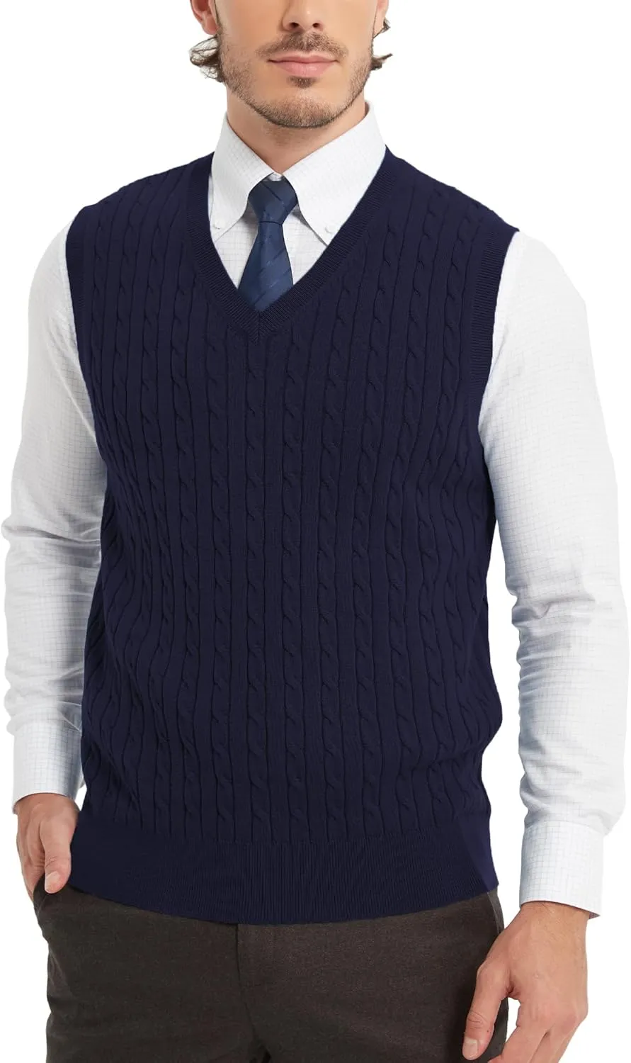 Kallspin Mens Cable Knit Sweater Vest Pure Cotton V-Neck Sleeveless Knitted Pullover for Fall Winter