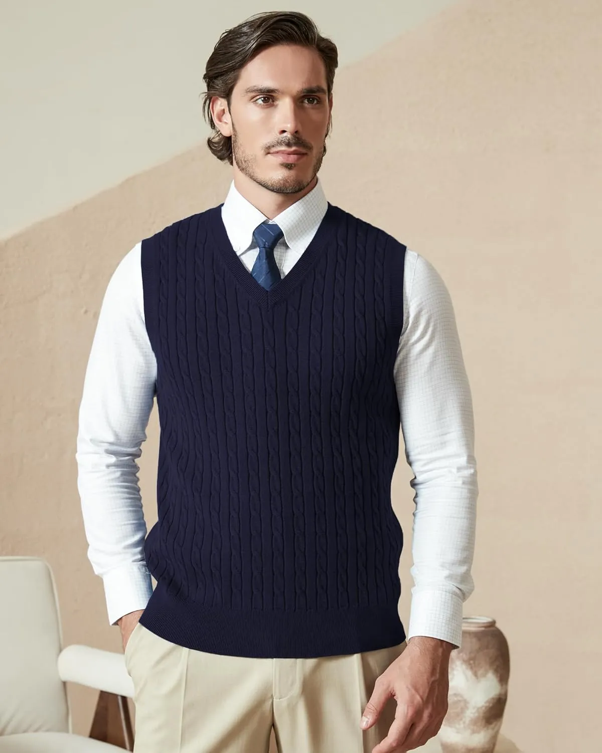 Kallspin Mens Cable Knit Sweater Vest Pure Cotton V-Neck Sleeveless Knitted Pullover for Fall Winter