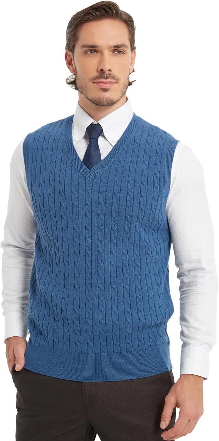 Kallspin Mens Cable Knit Sweater Vest Pure Cotton V-Neck Sleeveless Knitted Pullover for Fall Winter