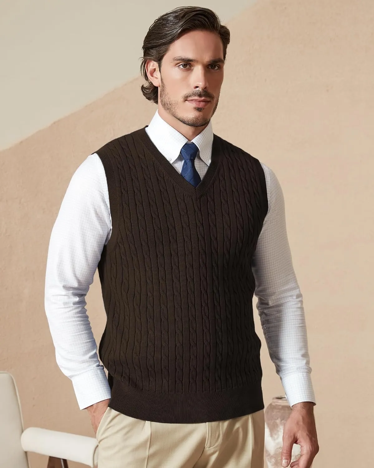 Kallspin Mens Cable Knit Sweater Vest Pure Cotton V-Neck Sleeveless Knitted Pullover for Fall Winter