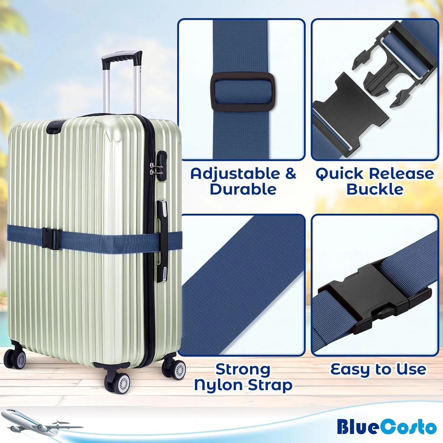 Luggage Straps for Suitcases - TSA Approved - Navy Blue, 4 PK - Premium Nylon Belts for Suitcase, Briefcase & Travel Bag - Adjustable Strap Length 46" - 78"