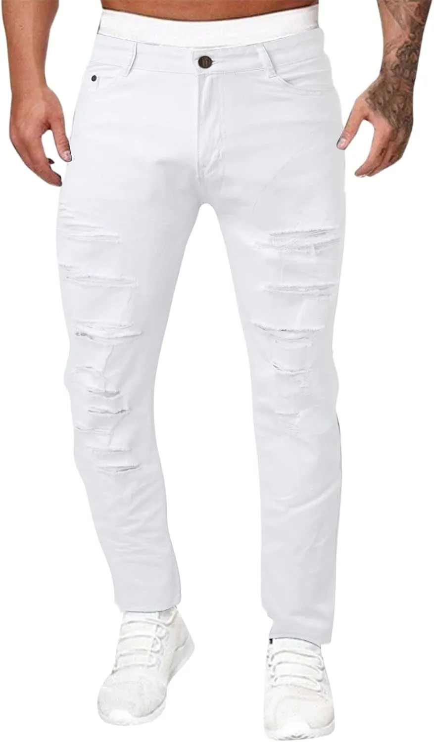 Men's Casual Hip Hop Sports White High Stretch Tight Wash Polished White Ripped Fit Zipper Jean Pants 511 Slim