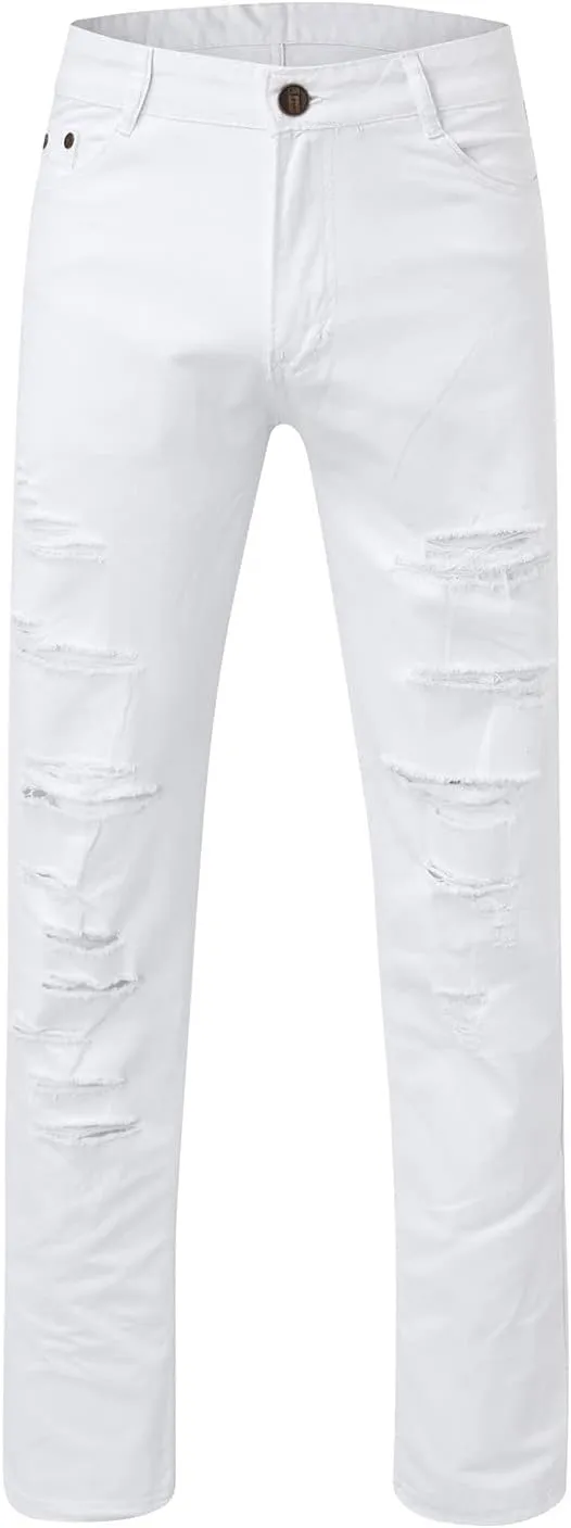 Men's Casual Hip Hop Sports White High Stretch Tight Wash Polished White Ripped Fit Zipper Jean Pants 511 Slim