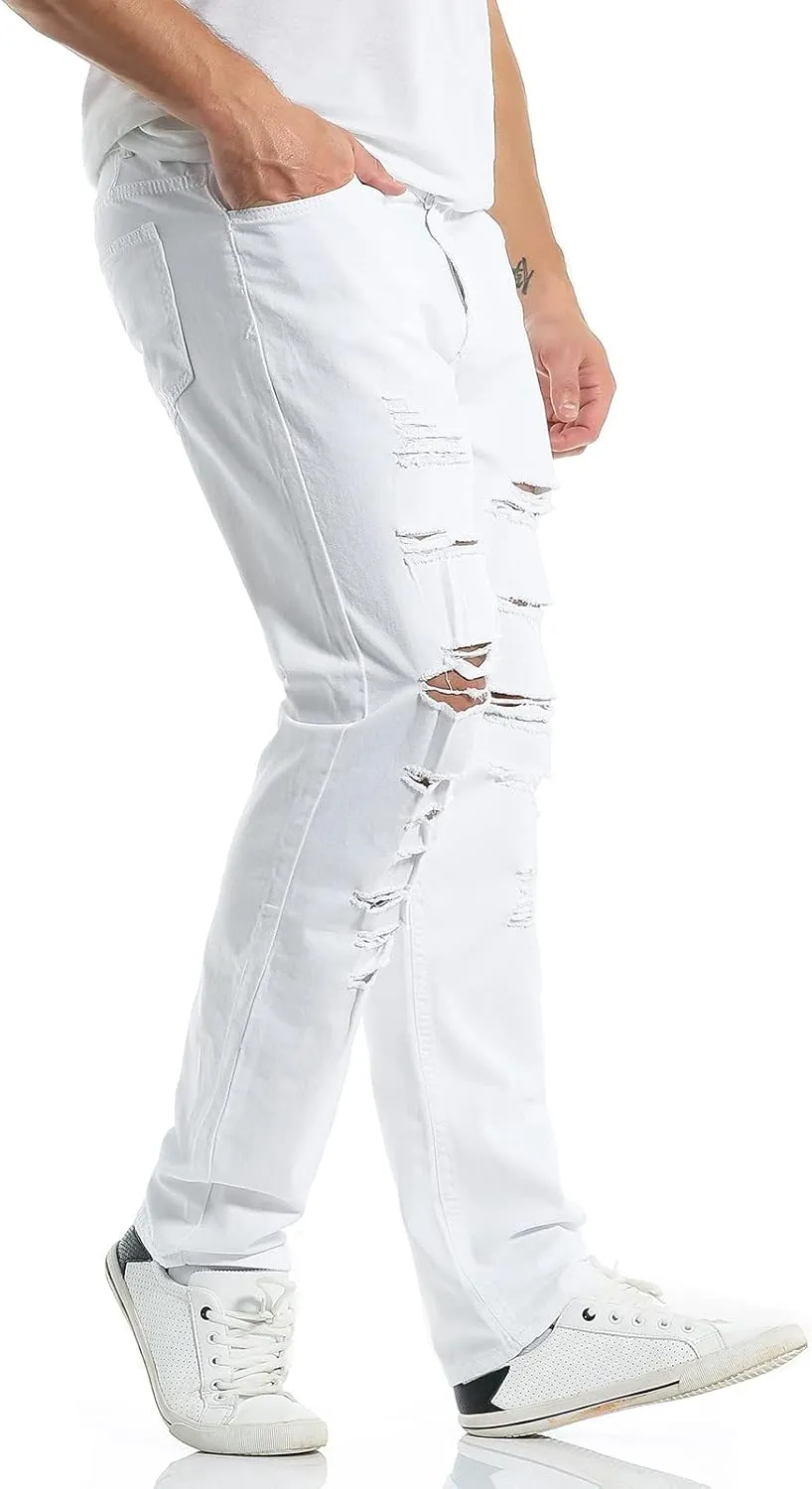 Men's Casual Hip Hop Sports White High Stretch Tight Wash Polished White Ripped Fit Zipper Jean Pants 511 Slim