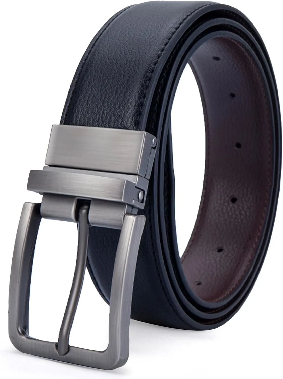 Mens Genuine Leather Belt Two-in-One Reversible Business Belt Classic Work Waist Belts with Single Prong Buckle