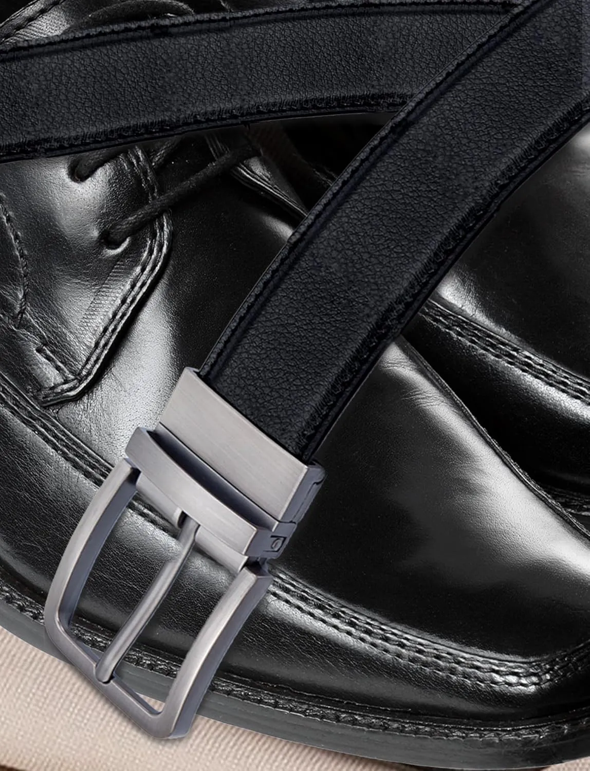 Mens Genuine Leather Belt Two-in-One Reversible Business Belt Classic Work Waist Belts with Single Prong Buckle