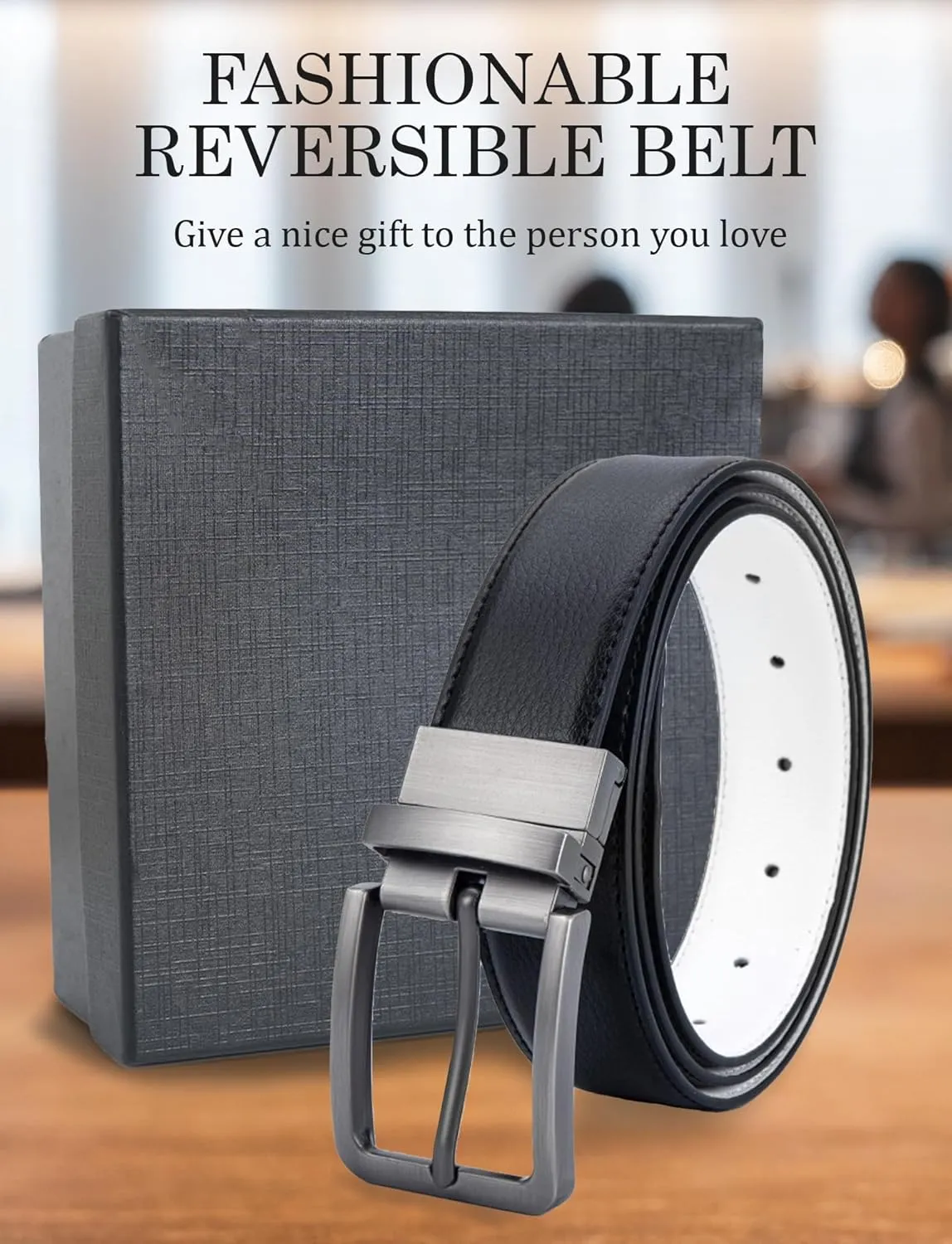 Mens Genuine Leather Belt Two-in-One Reversible Business Belt Classic Work Waist Belts with Single Prong Buckle