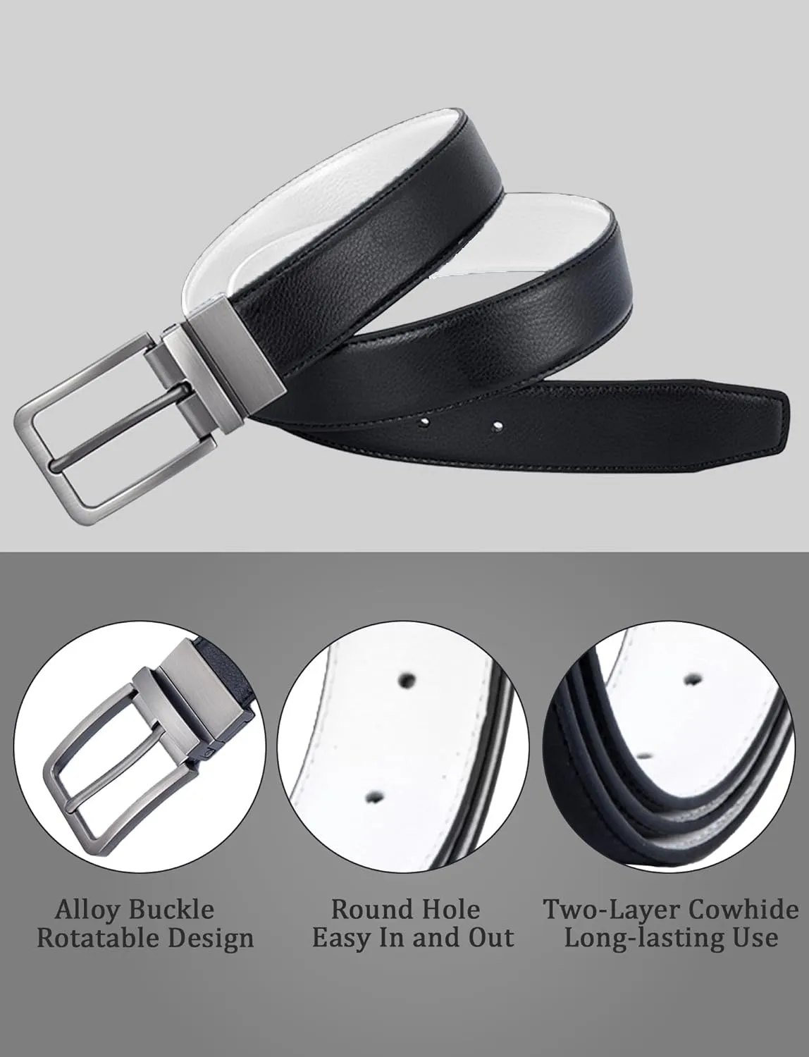 Mens Genuine Leather Belt Two-in-One Reversible Business Belt Classic Work Waist Belts with Single Prong Buckle