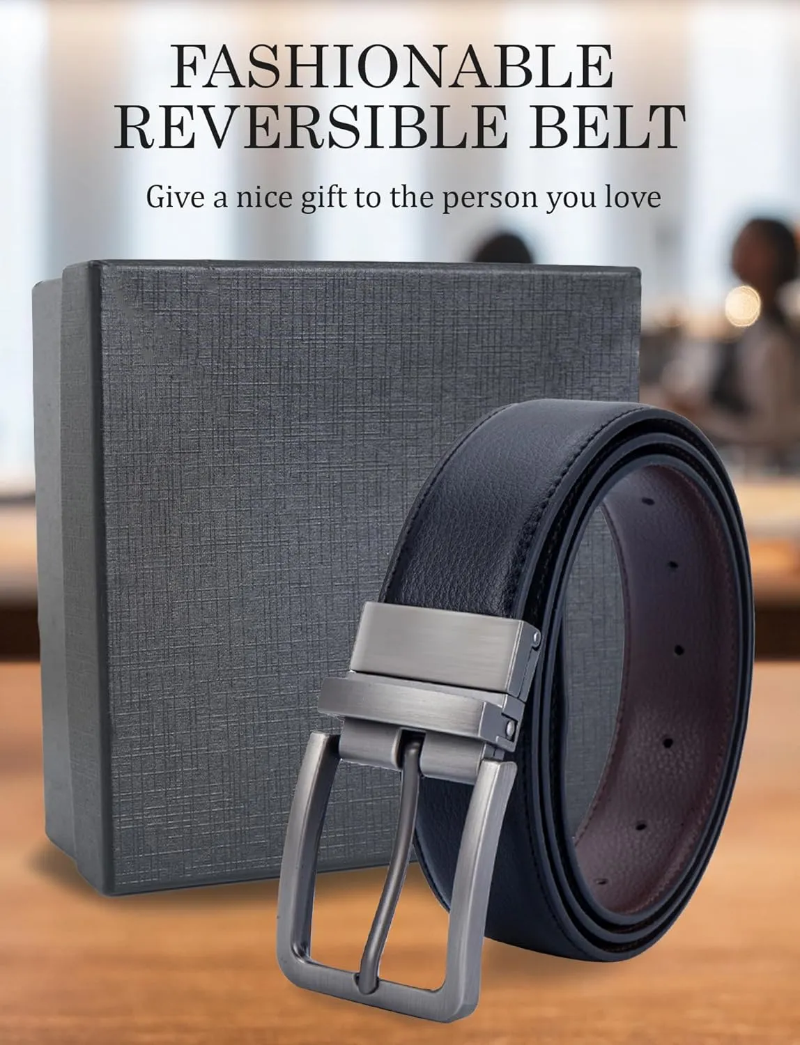 Mens Genuine Leather Belt Two-in-One Reversible Business Belt Classic Work Waist Belts with Single Prong Buckle