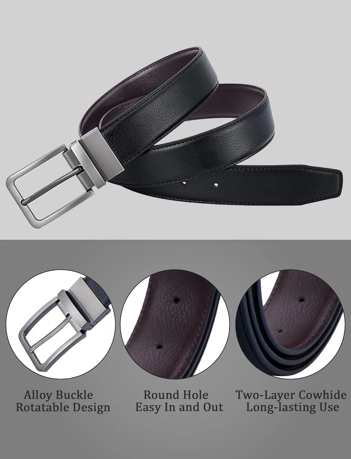 Mens Genuine Leather Belt Two-in-One Reversible Business Belt Classic Work Waist Belts with Single Prong Buckle